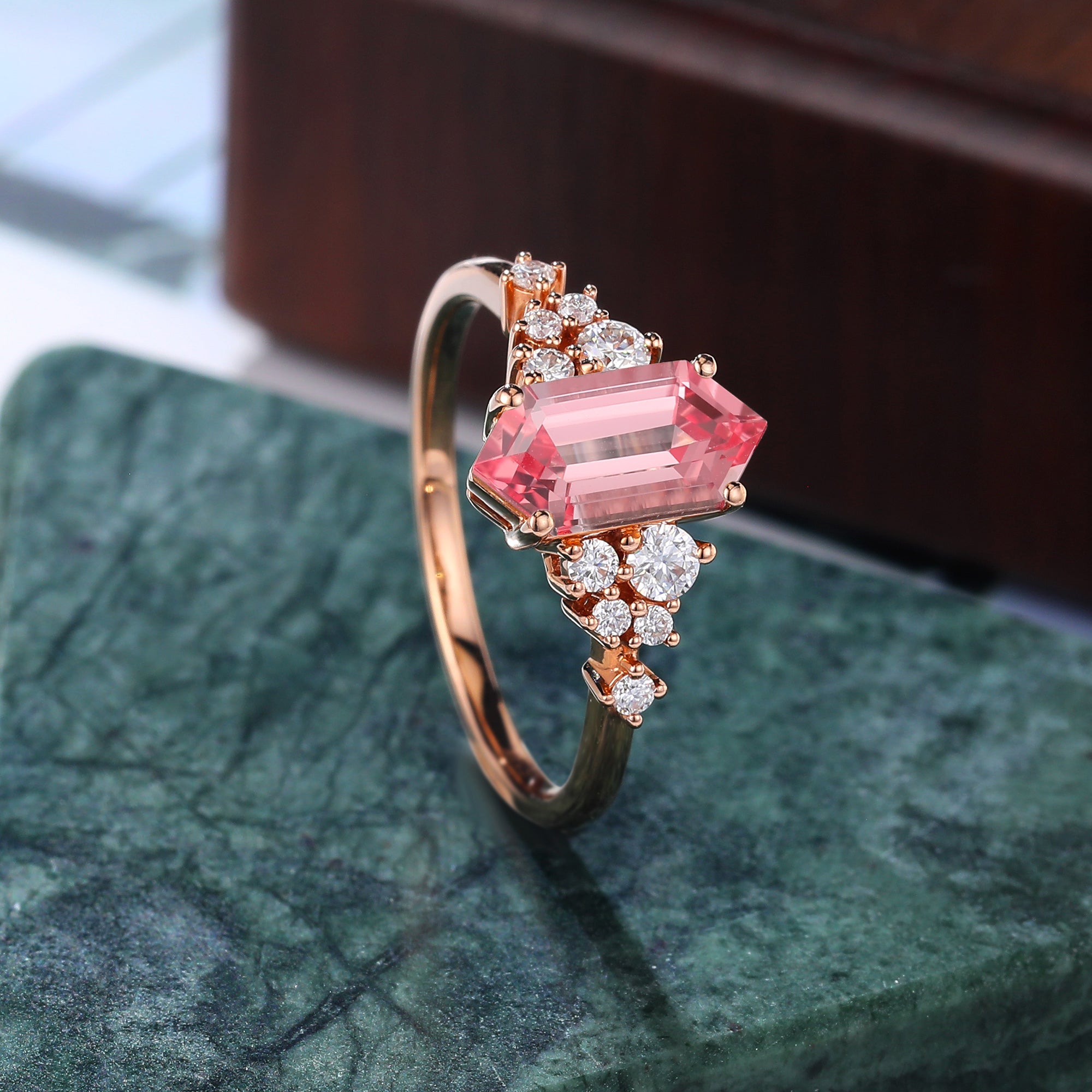 Long Hexagon cut Lab Pink Sapphire engagement ring S925/10k/14k/18k gold , unique moissanite bridal ring rose/white/yellow gold