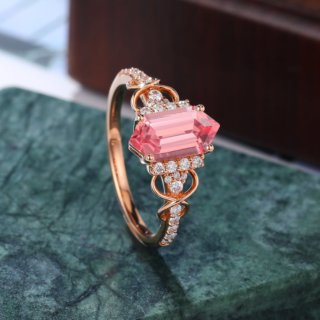 Long hexagon cut Lab Pink Sapphire engagement ring S925/10k/14k/18k gold , unique moissanite bridal ring rose/white/yellow gold