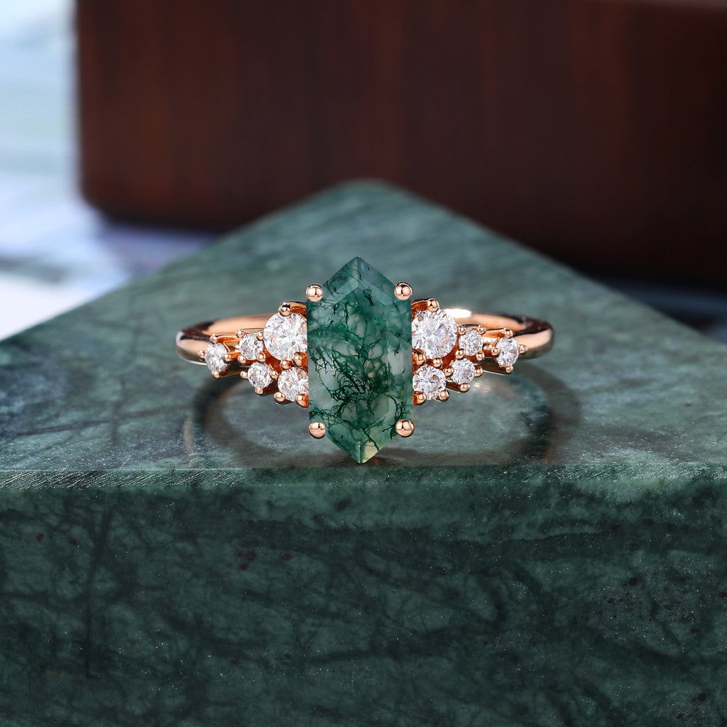 Long Hexagon Moss agate engagement ring 925silver/10k/14k/18k gold