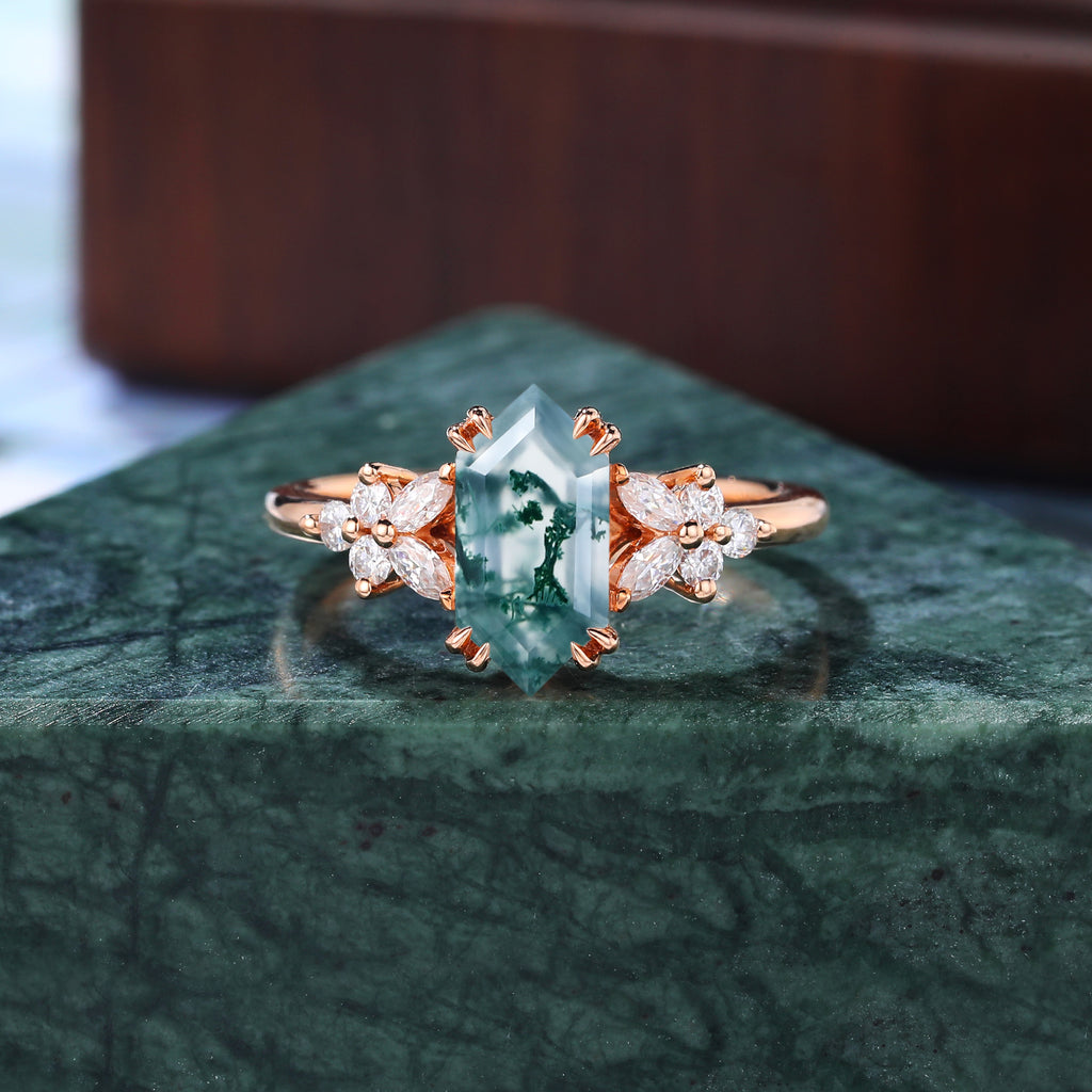 Long hexagon cut Moss agate yellow gold engagement ring S925/10k/14k/18k, rose/white/yellow gold