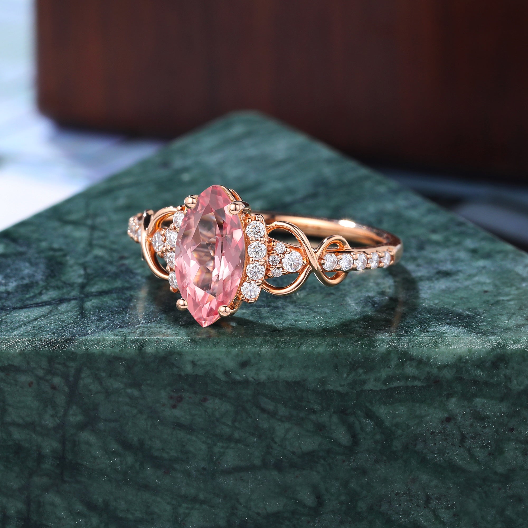 Marquise cut Lab Pink Sapphire engagement ring , unique moissanite bridal ring rose/white/yellow gold,  S925/10k/14k/18k gold