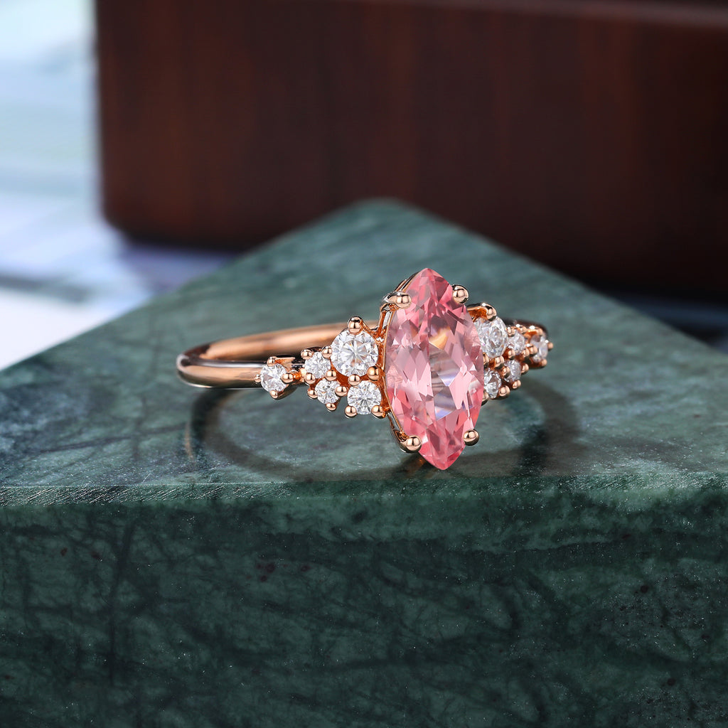 Marquise cut Lab Pink Sapphire engagement ring S925/10k/14k/18k gold , unique moissanite bridal ring rose/white/yellow gold