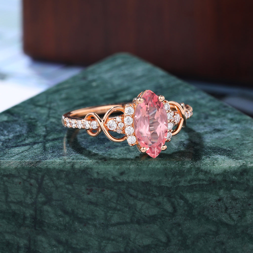 Marquise cut Lab Pink Sapphire engagement ring , unique moissanite bridal ring rose/white/yellow gold,  S925/10k/14k/18k gold