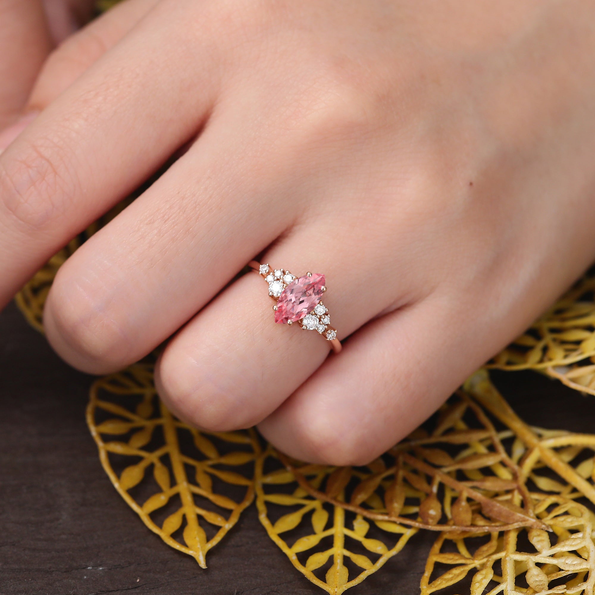 Marquise cut Lab Pink Sapphire engagement ring S925/10k/14k/18k gold , unique moissanite bridal ring rose/white/yellow gold