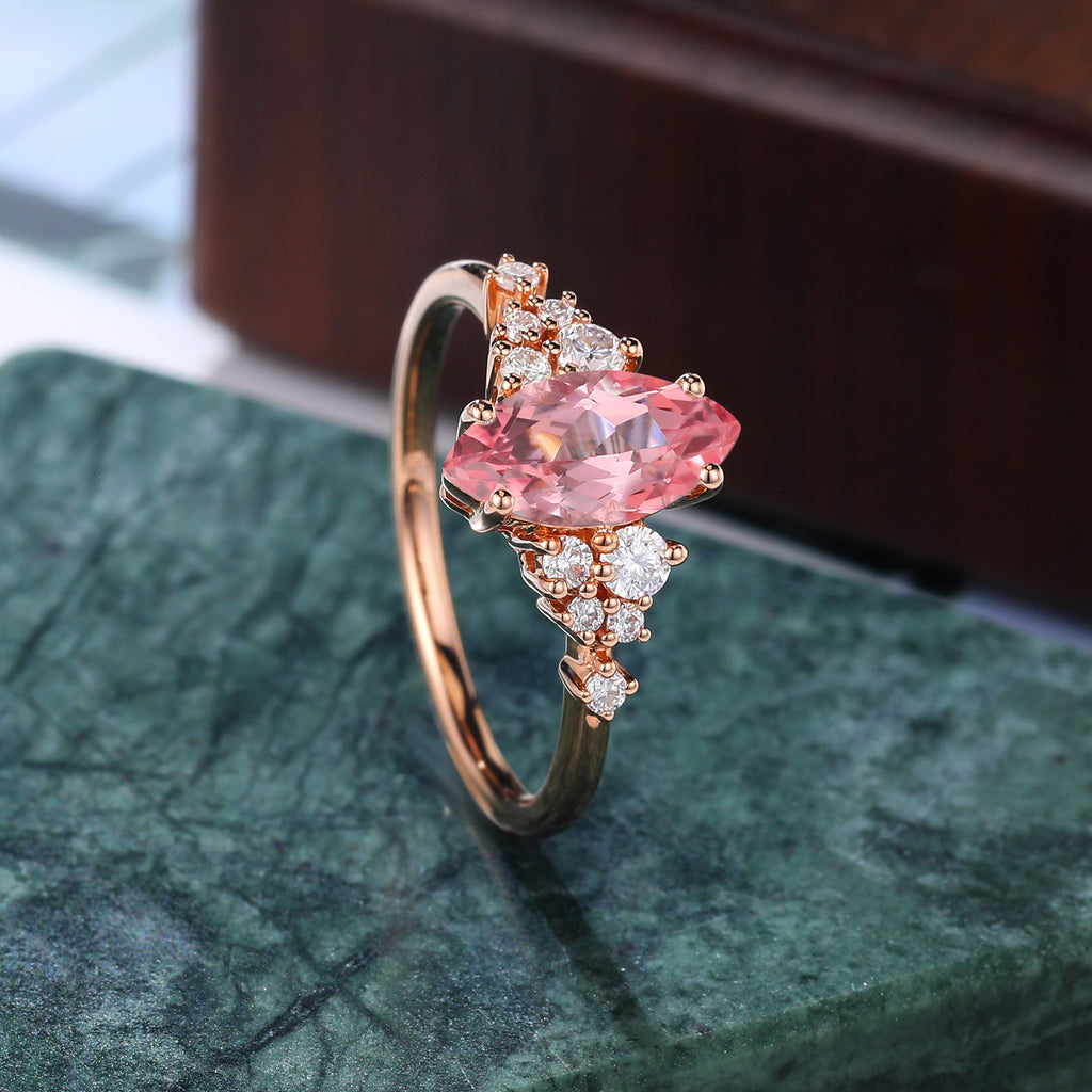 Marquise cut Lab Pink Sapphire engagement ring S925/10k/14k/18k gold , unique moissanite bridal ring rose/white/yellow gold