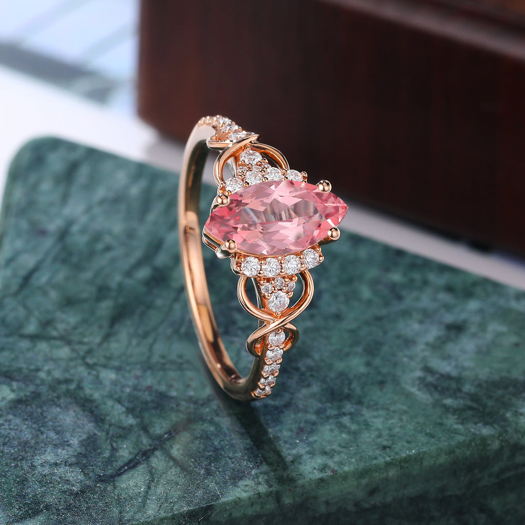 Marquise cut Lab Pink Sapphire engagement ring , unique moissanite bridal ring rose/white/yellow gold,  S925/10k/14k/18k gold