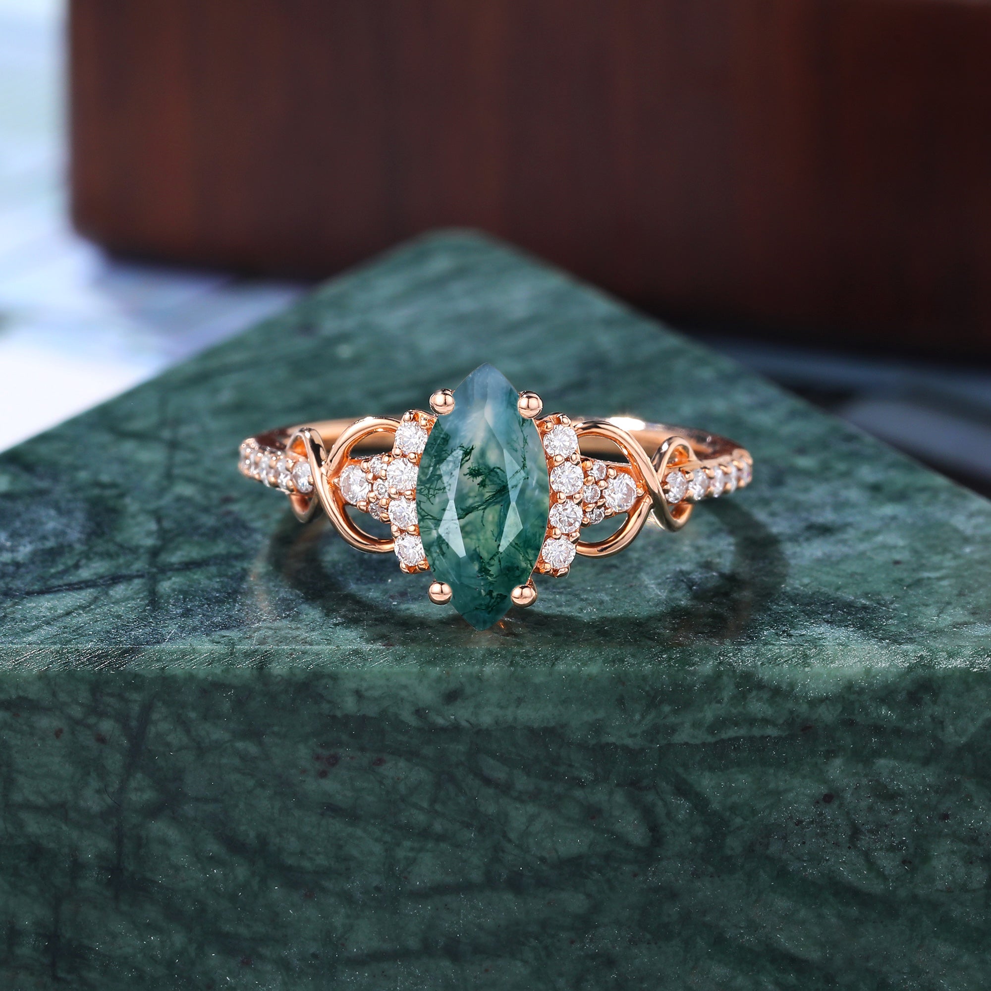 Marquise cut Moss agate engagement ring S925/10k/14k/18k gold ring, unique bridal ring