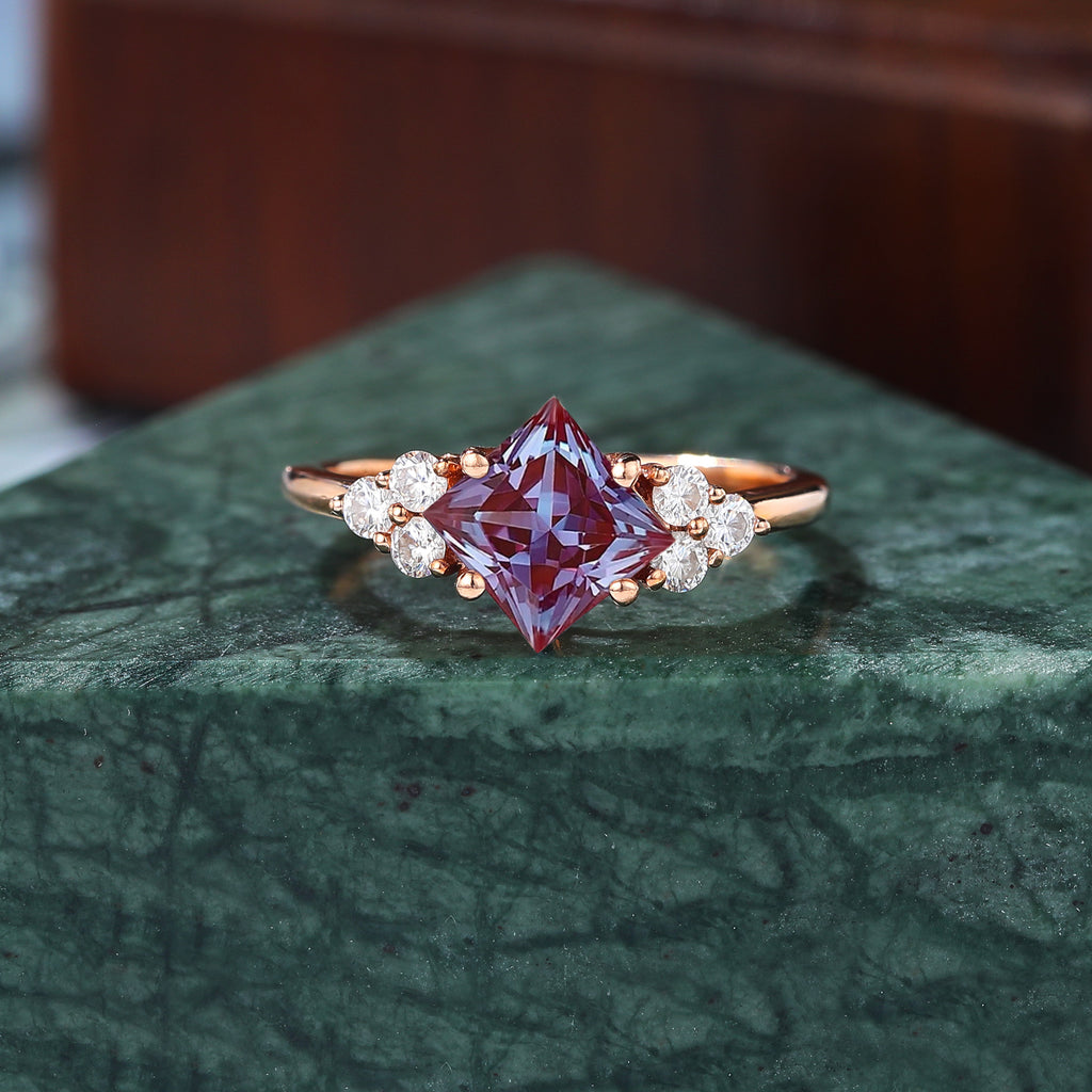 Princess cut Lab Alexandrite rose gold engagement Ring.