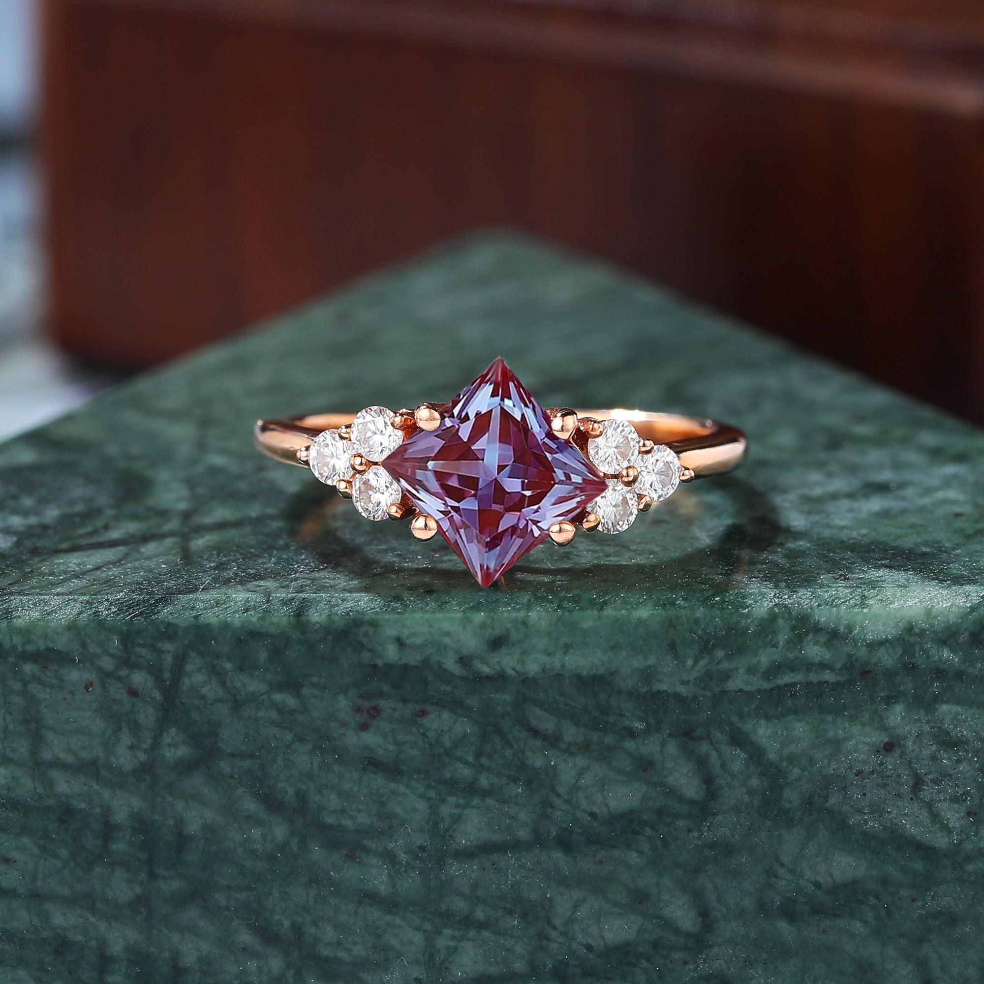 Princess cut Lab Alexandrite rose gold engagement Ring.