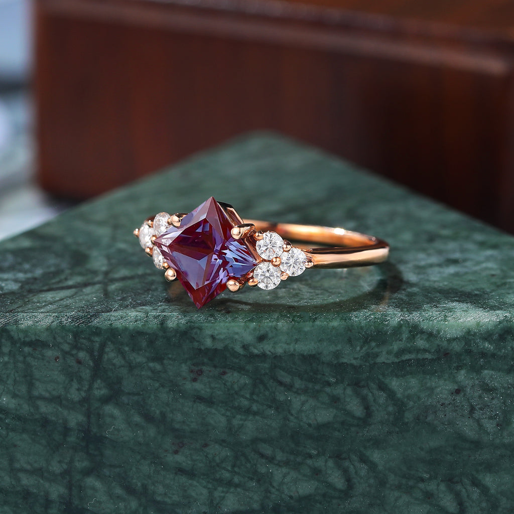 Princess cut Lab Alexandrite rose gold engagement Ring.