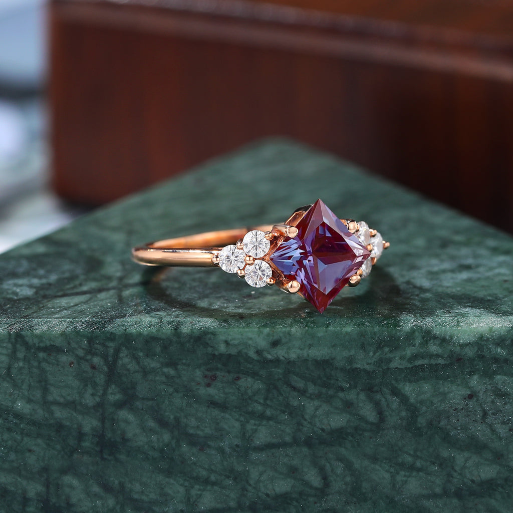 Princess cut Lab Alexandrite rose gold engagement Ring.