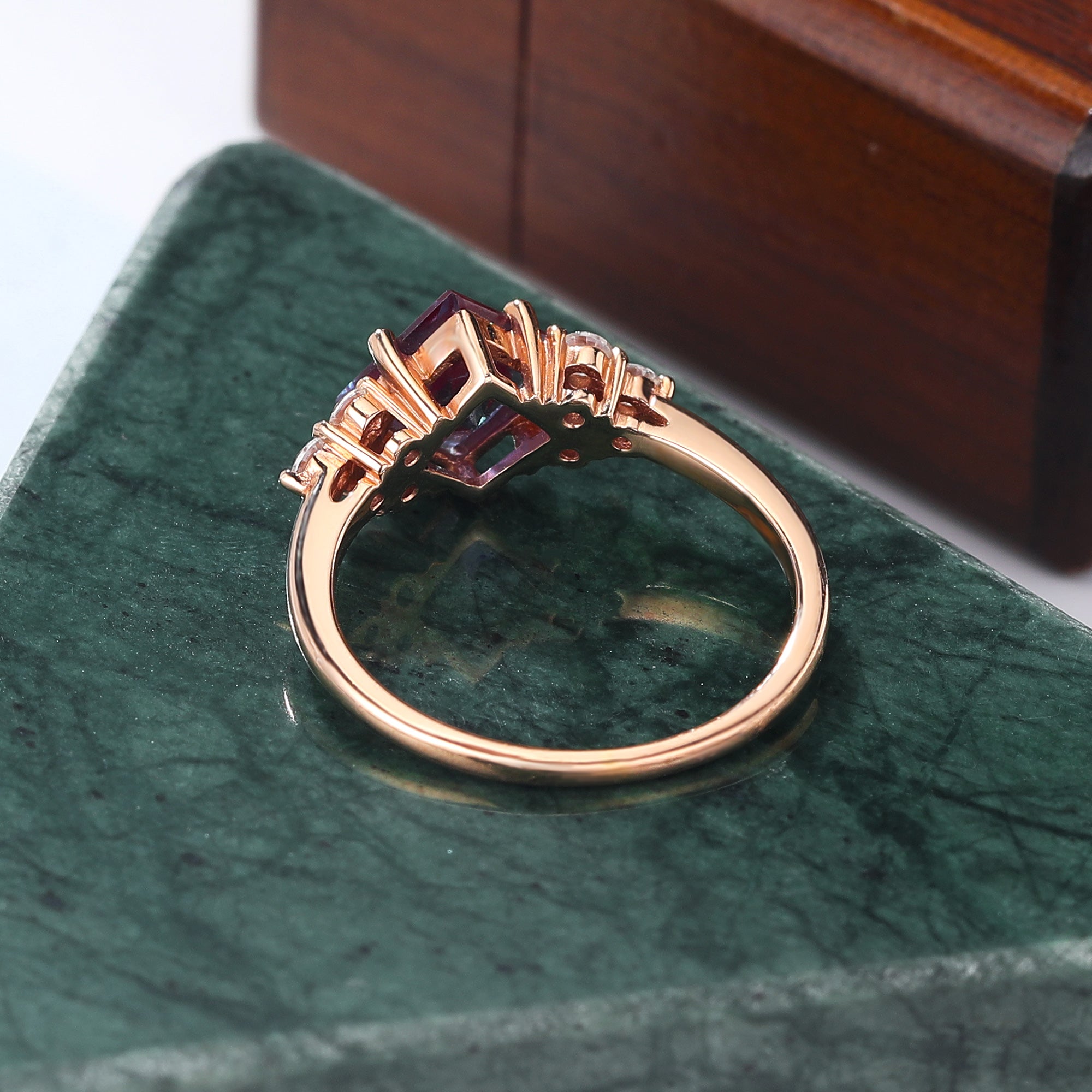 Princess cut Lab Alexandrite rose gold engagement Ring.