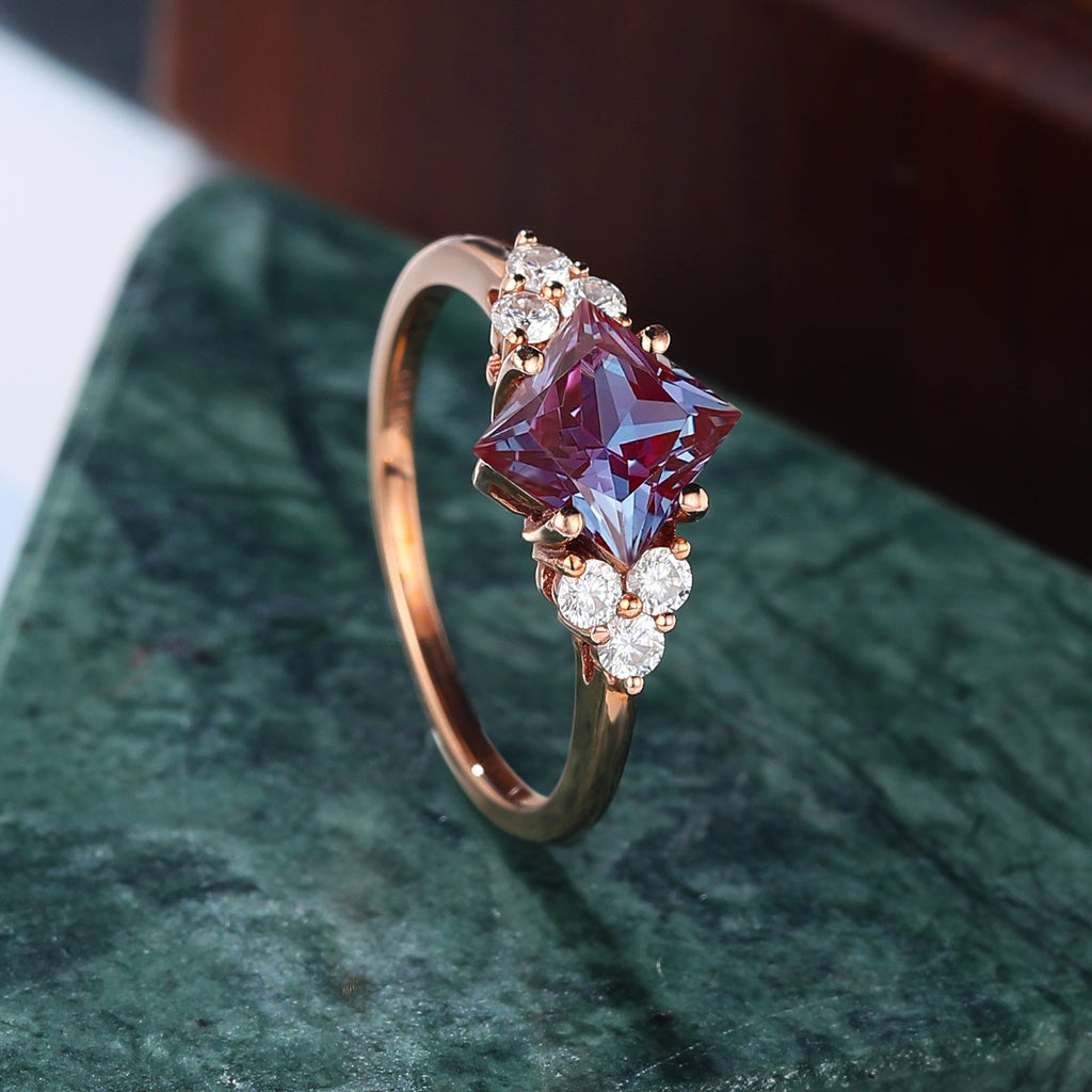 Princess cut Lab Alexandrite rose gold engagement Ring.