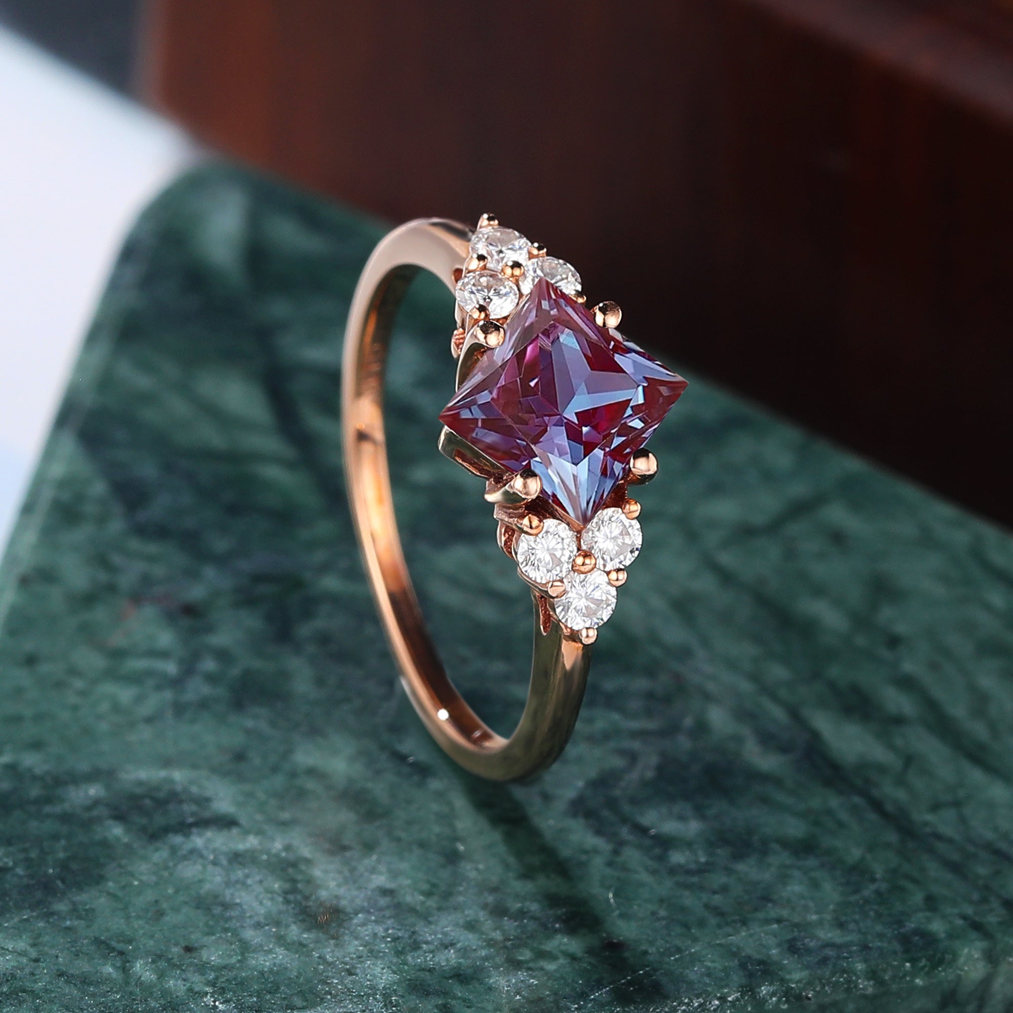 Princess cut Lab Alexandrite rose gold engagement Ring.