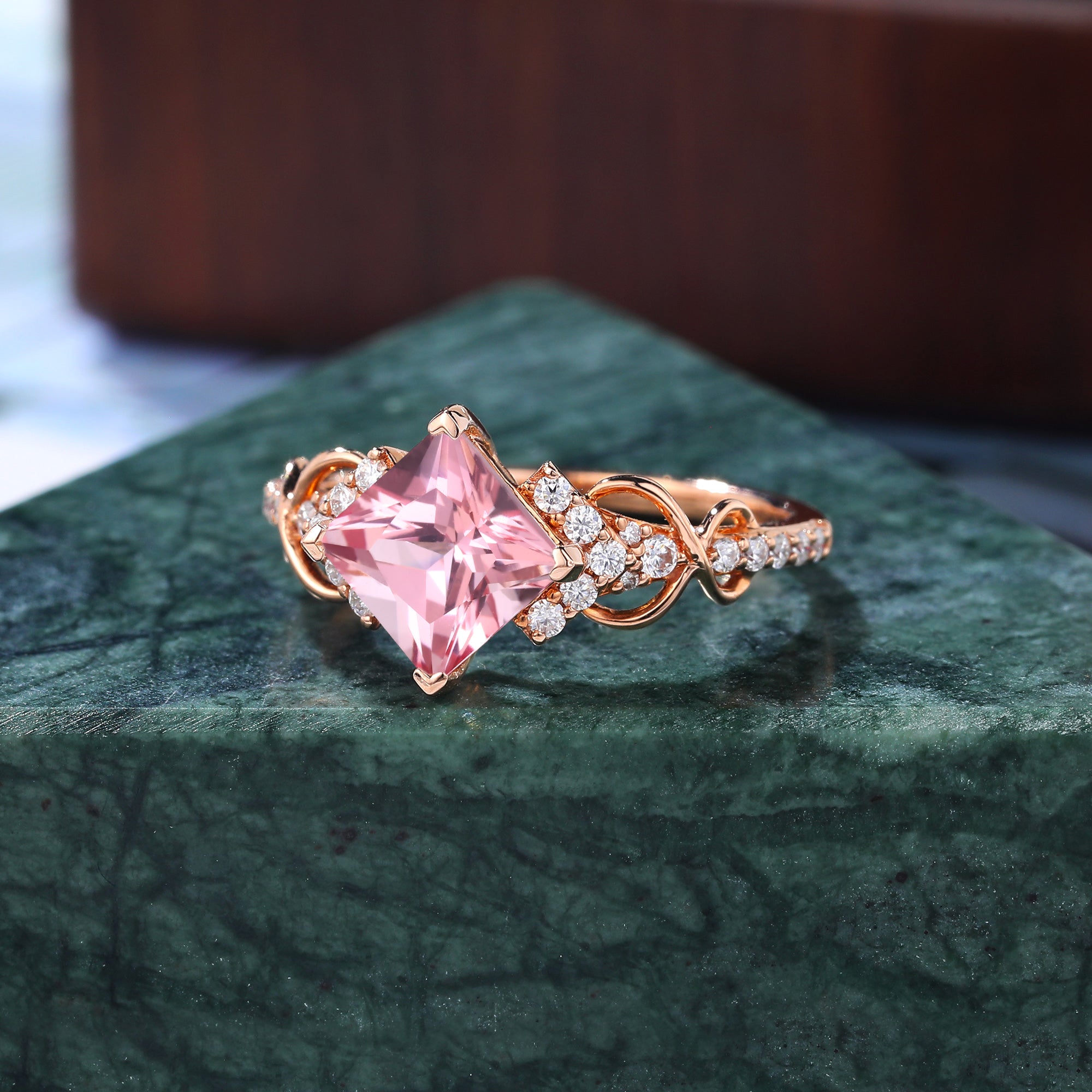 Princess cut Lab Pink Sapphire engagement ring S925/10k/14k/18k gold , unique moissanite bridal ring rose/white/yellow gold