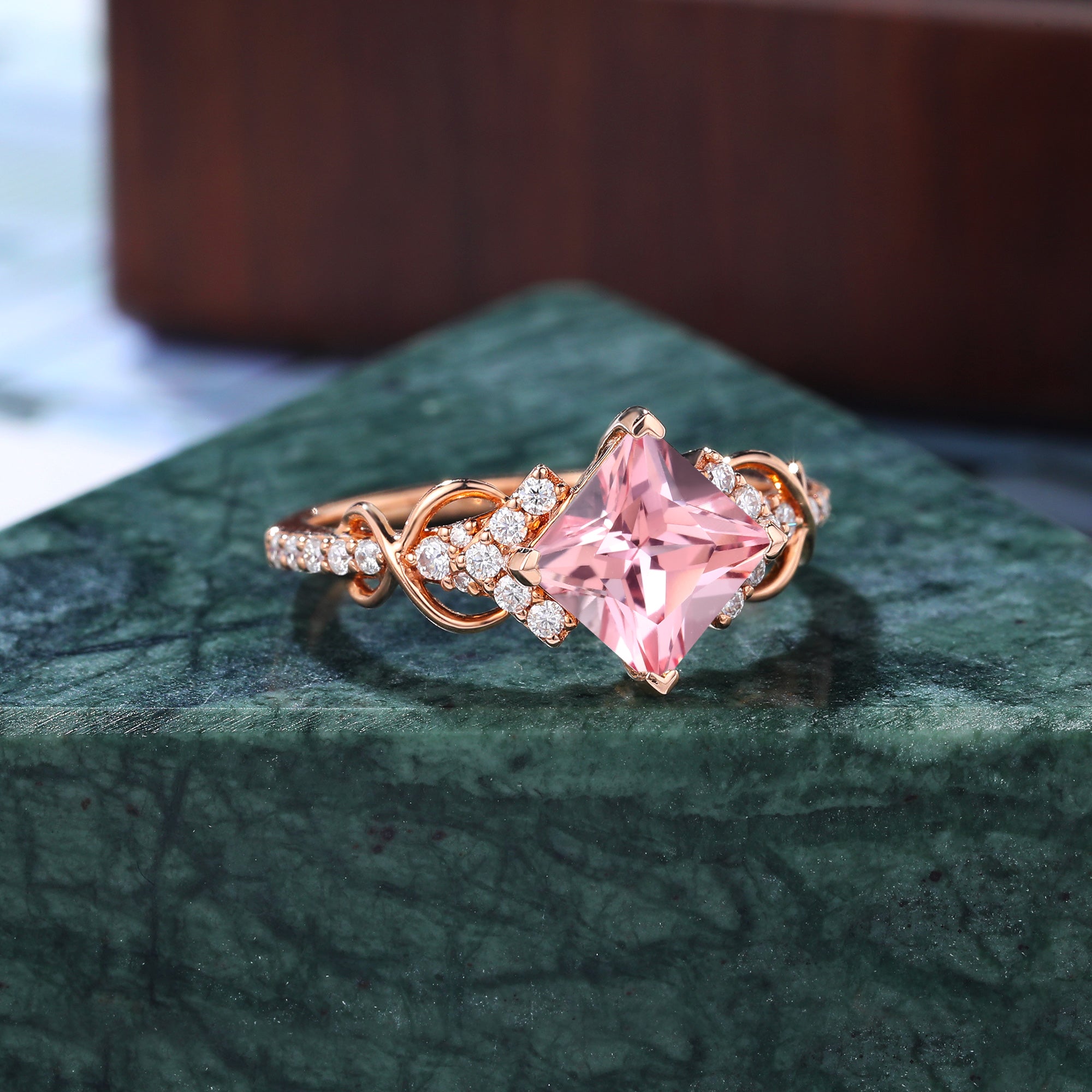 Princess cut Lab Pink Sapphire engagement ring S925/10k/14k/18k gold , unique moissanite bridal ring rose/white/yellow gold