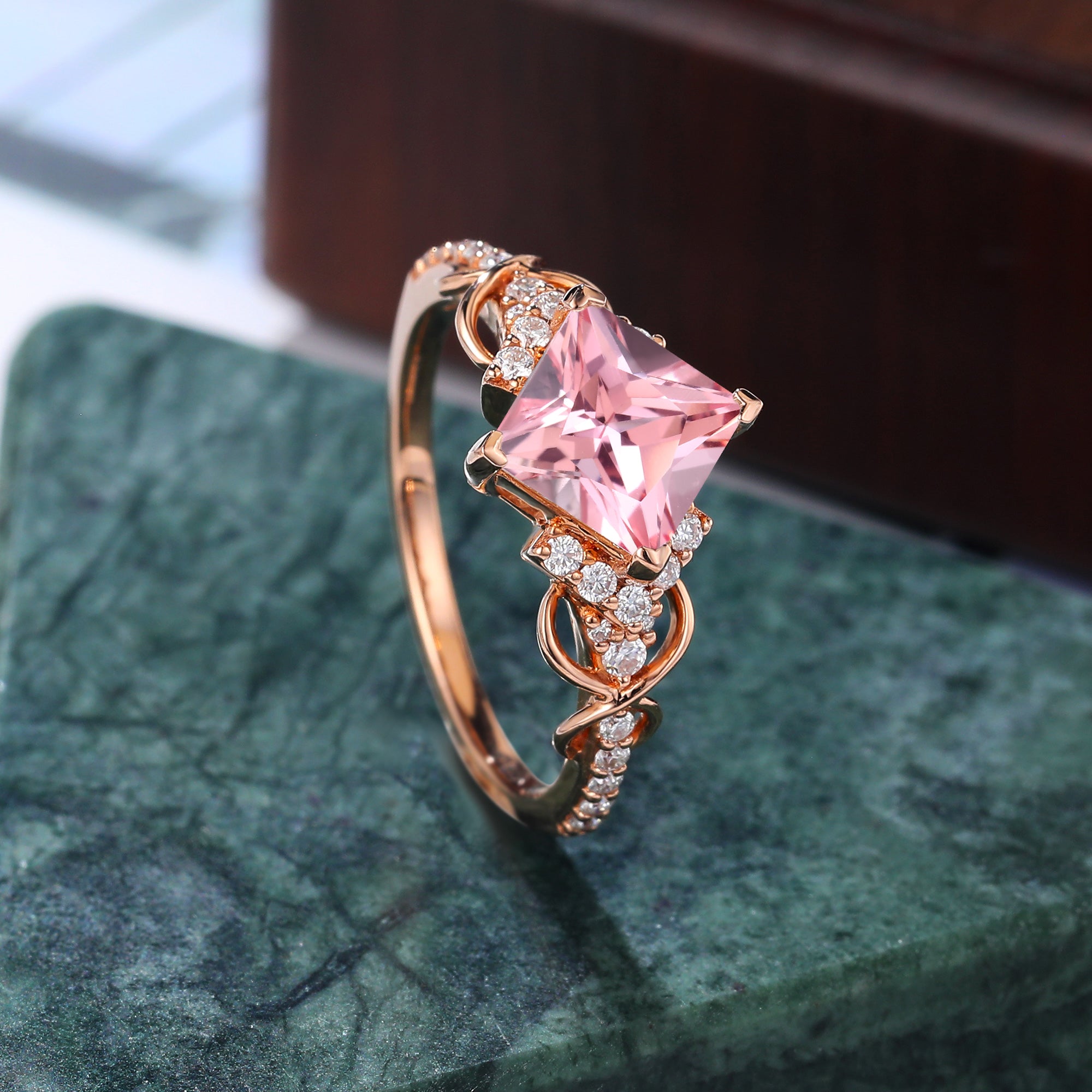 Princess cut Lab Pink Sapphire engagement ring S925/10k/14k/18k gold , unique moissanite bridal ring rose/white/yellow gold