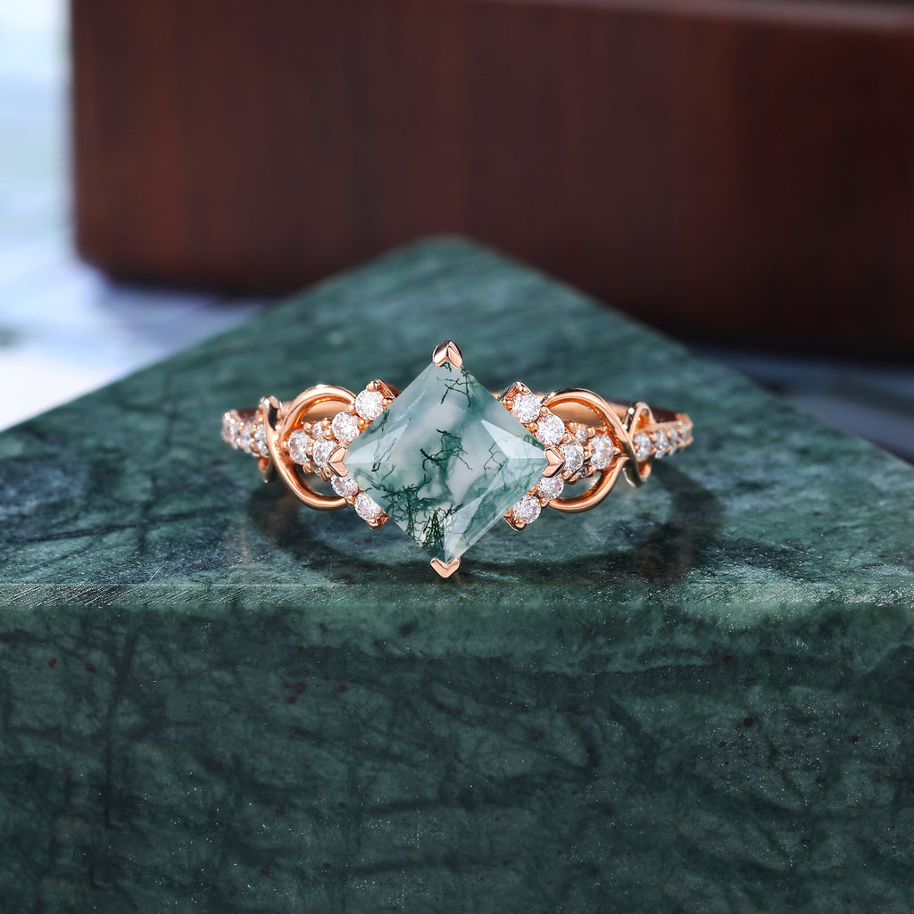 Princess cut Moss agate engagement ring 925silver/10k/14k/18k gold ring, unique bridal ring rose/white gold