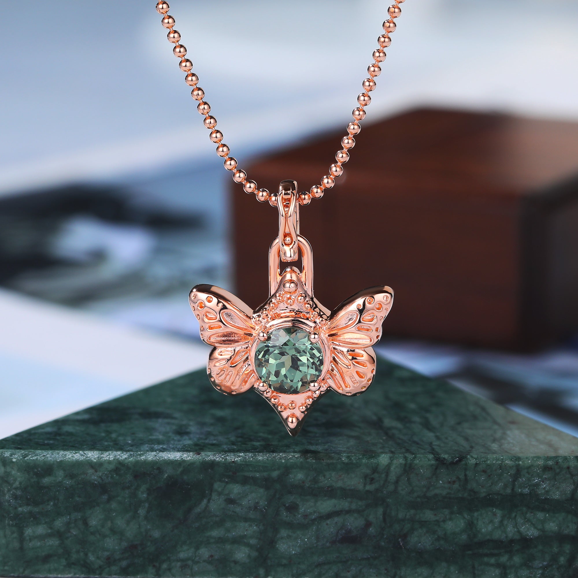 Round cut Lab Green Sapphire Butterfly Pendant Necklace for women, rose gold white gold yellow gold, S925/10K/14K/18K