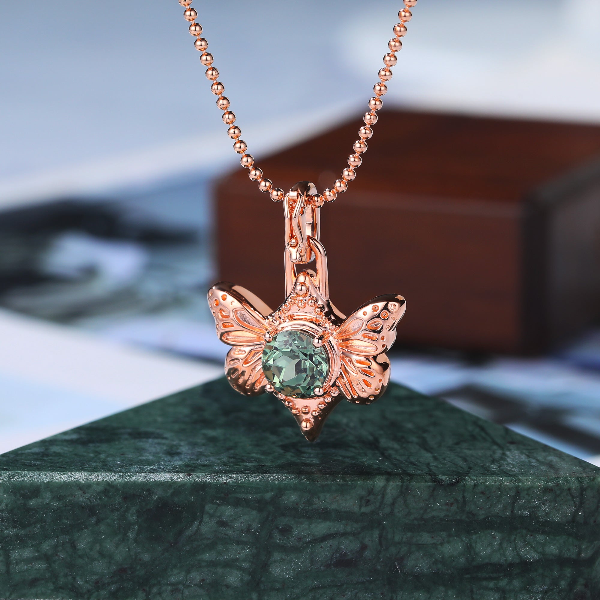 Round cut Lab Green Sapphire Butterfly Pendant Necklace for women, rose gold white gold yellow gold, S925/10K/14K/18K