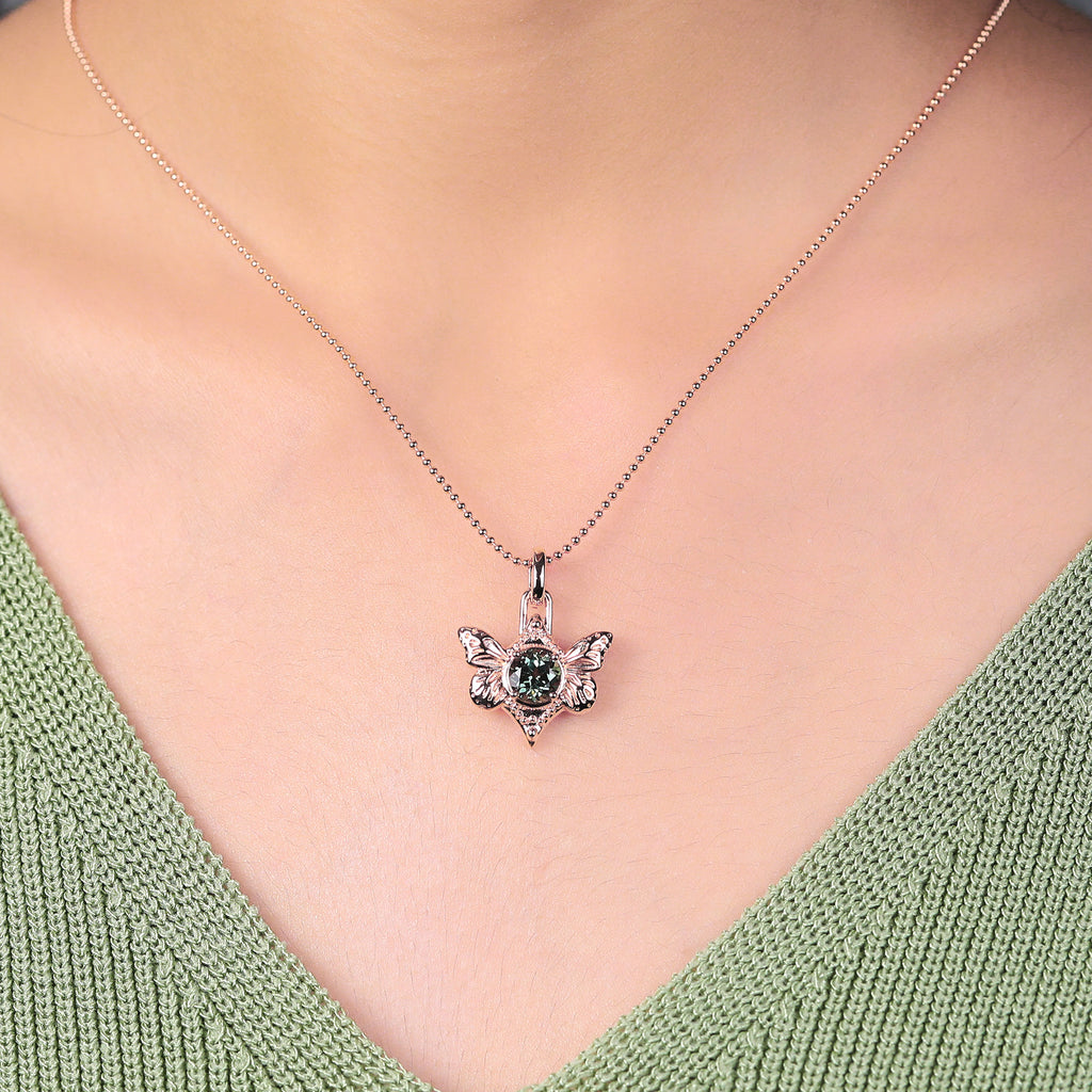 Round cut Lab Green Sapphire Butterfly Pendant Necklace for women, rose gold white gold yellow gold, S925/10K/14K/18K