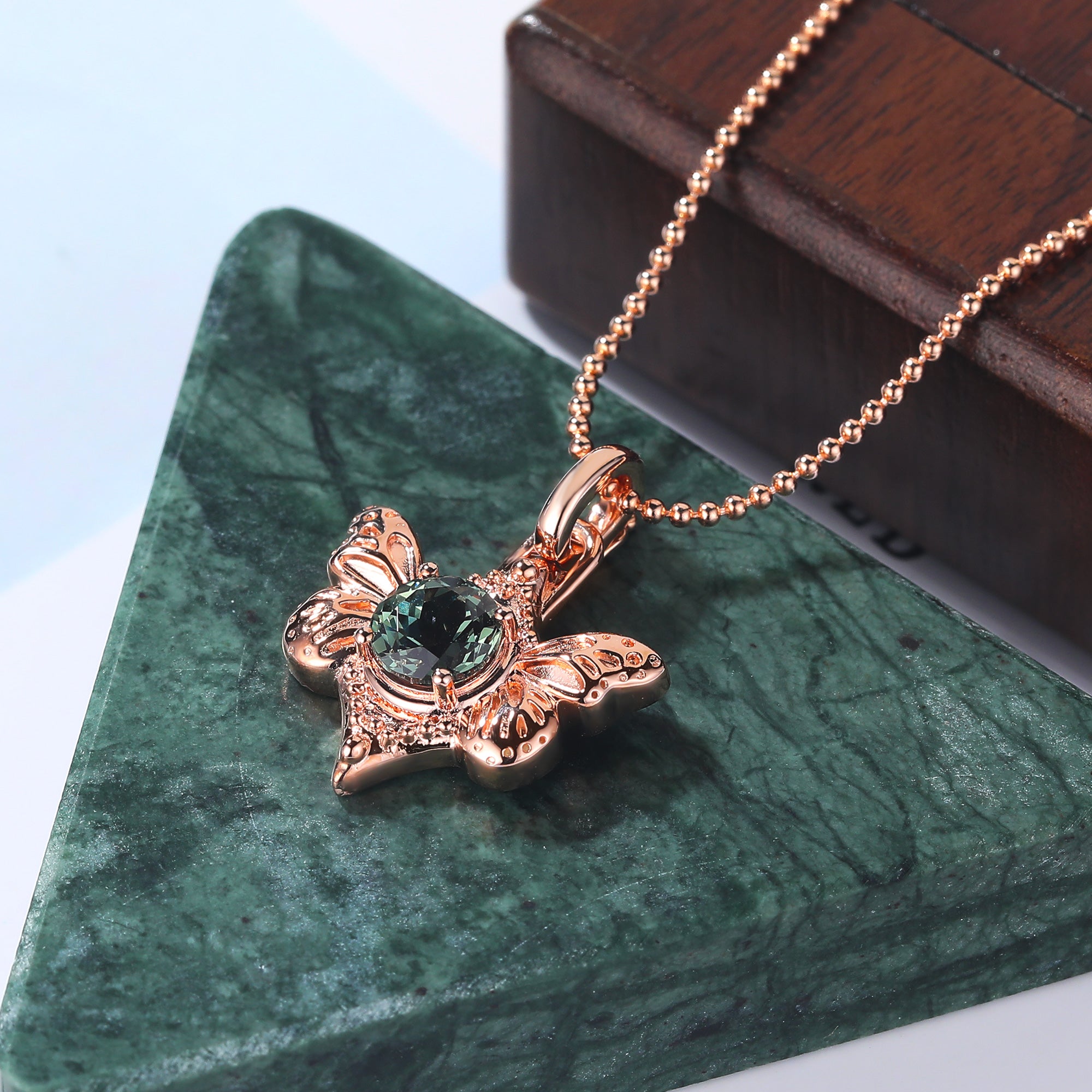 Round cut Lab Green Sapphire Butterfly Pendant Necklace for women, rose gold white gold yellow gold, S925/10K/14K/18K