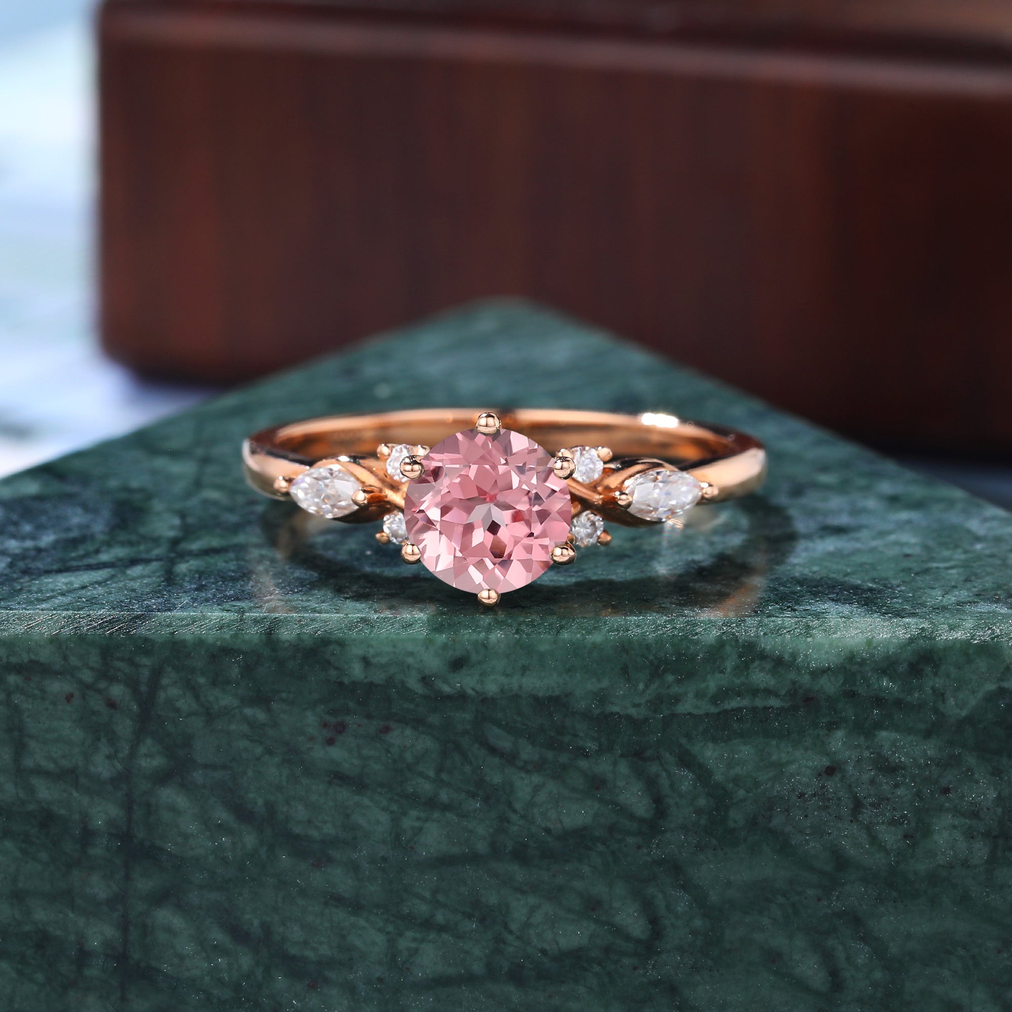 Round cut Lab Pink Sapphire engagement ring 925silver/10k/14k/18k gold , unique moissanite bridal ring rose/white/yellow gold