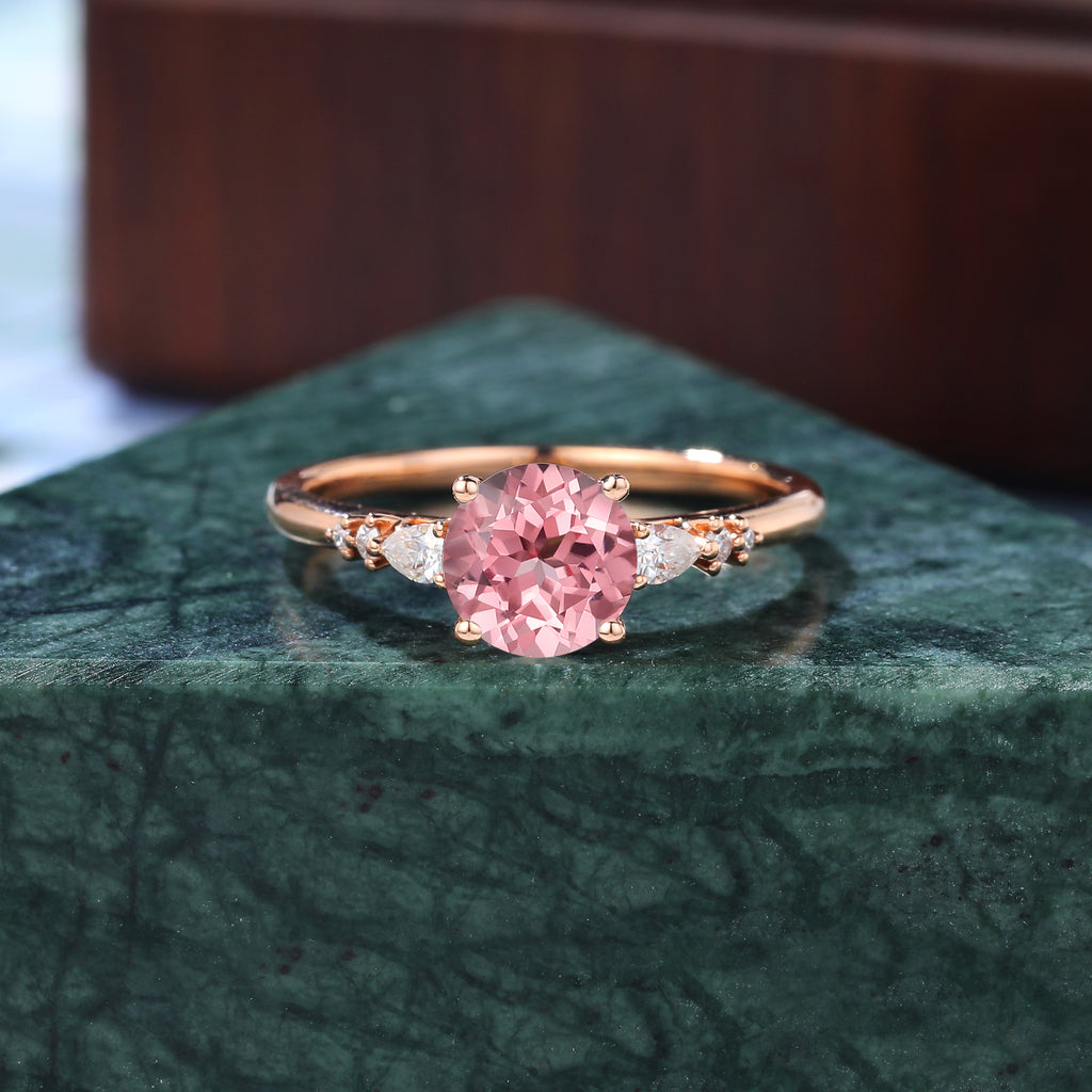 Round cut Lab Pink Sapphire engagement ring , unique moissanite bridal ring rose/white/yellow gold , S925/10k/14k/18k gold