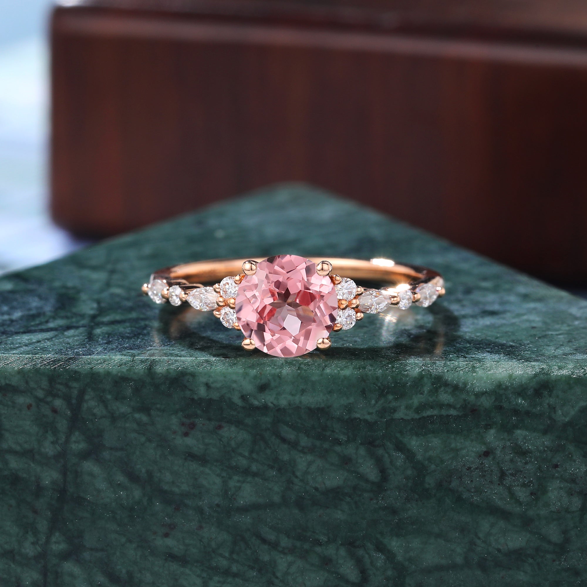 Round cut Lab Pink Sapphire engagement ring 925silver/10k/14k/18k gold , unique moissanite bridal ring rose/white/yellow gold