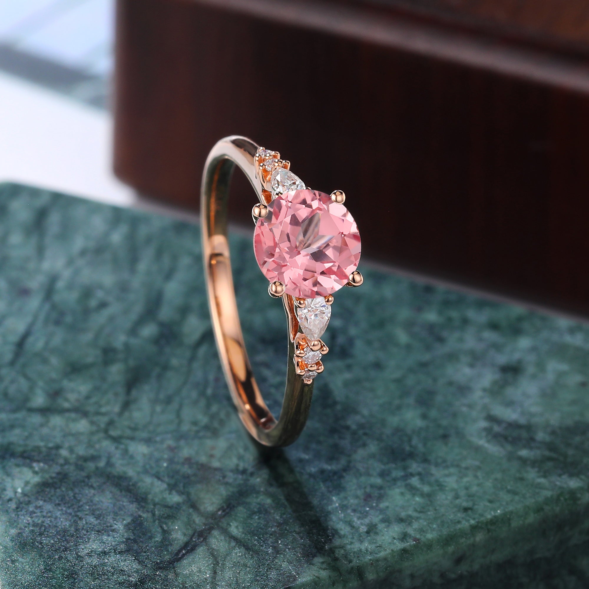 Round cut Lab Pink Sapphire engagement ring , unique moissanite bridal ring rose/white/yellow gold , S925/10k/14k/18k gold
