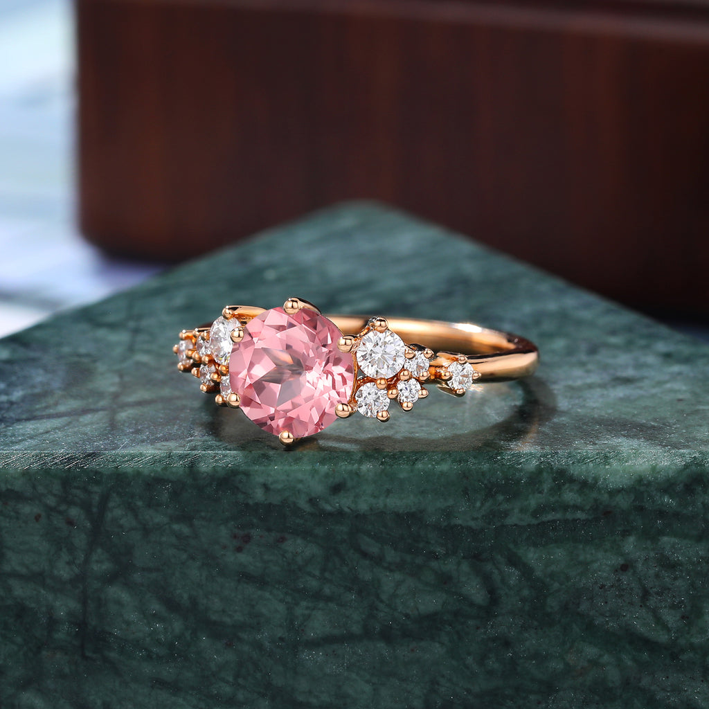 Round cut Lab Pink Sapphire engagement ring S925/10k/14k/18k gold , unique moissanite bridal ring rose/white/yellow gold