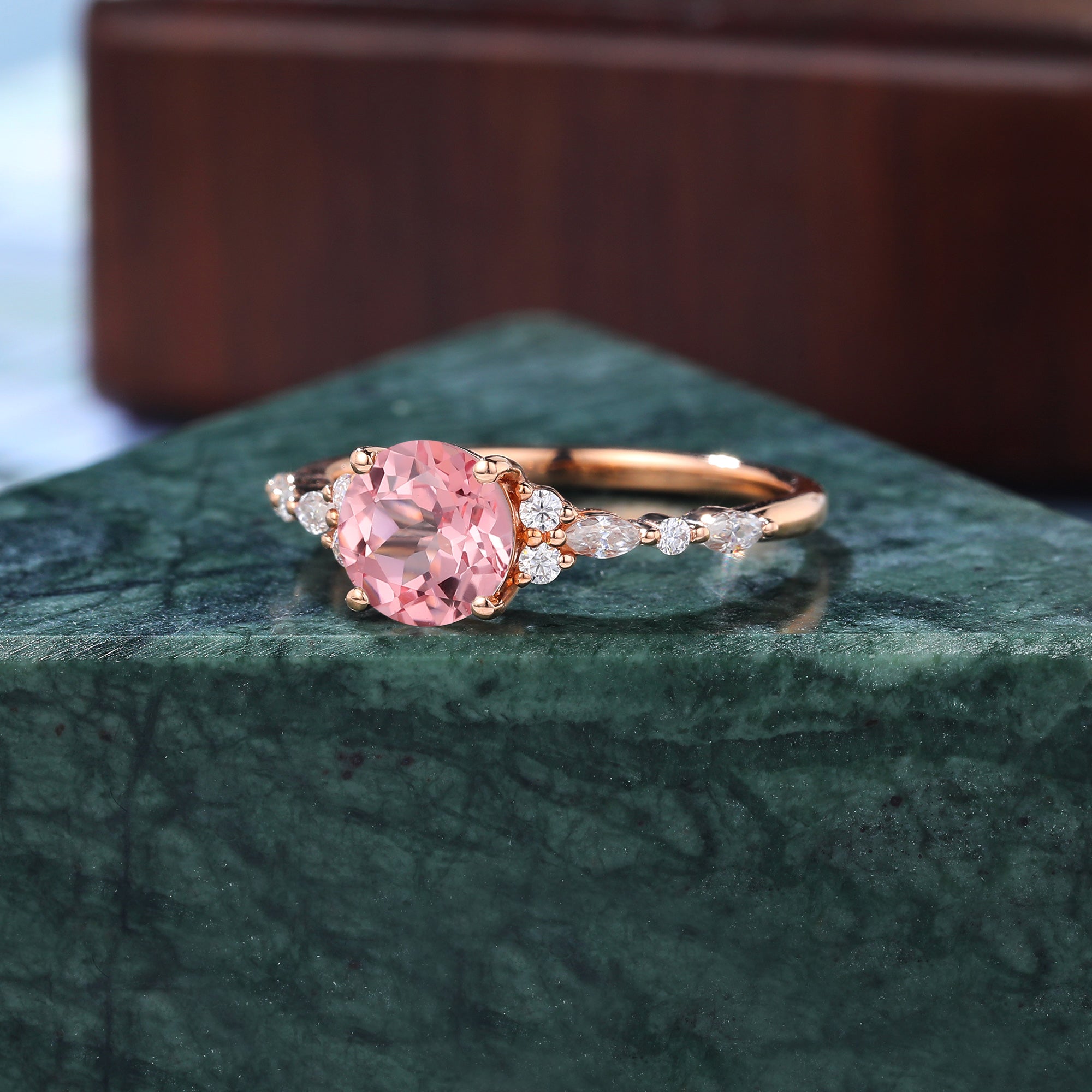 Round cut Lab Pink Sapphire engagement ring 925silver/10k/14k/18k gold , unique moissanite bridal ring rose/white/yellow gold