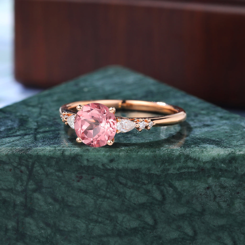 Round cut Lab Pink Sapphire engagement ring , unique moissanite bridal ring rose/white/yellow gold , S925/10k/14k/18k gold
