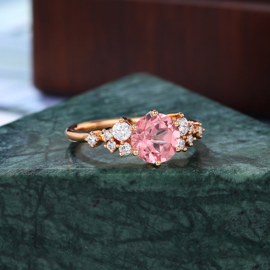 Round cut Lab Pink Sapphire engagement ring S925/10k/14k/18k gold , unique moissanite bridal ring rose/white/yellow gold