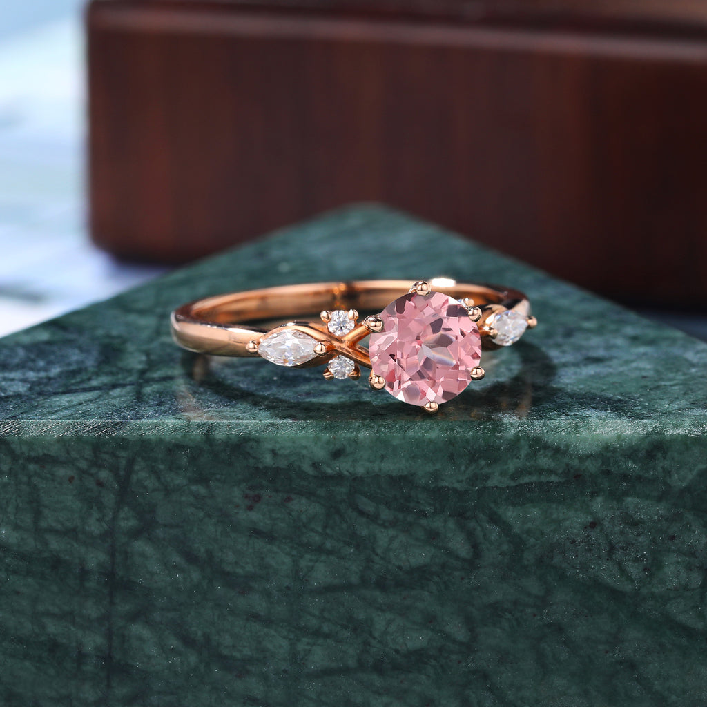 Round cut Lab Pink Sapphire engagement ring 925silver/10k/14k/18k gold , unique moissanite bridal ring rose/white/yellow gold