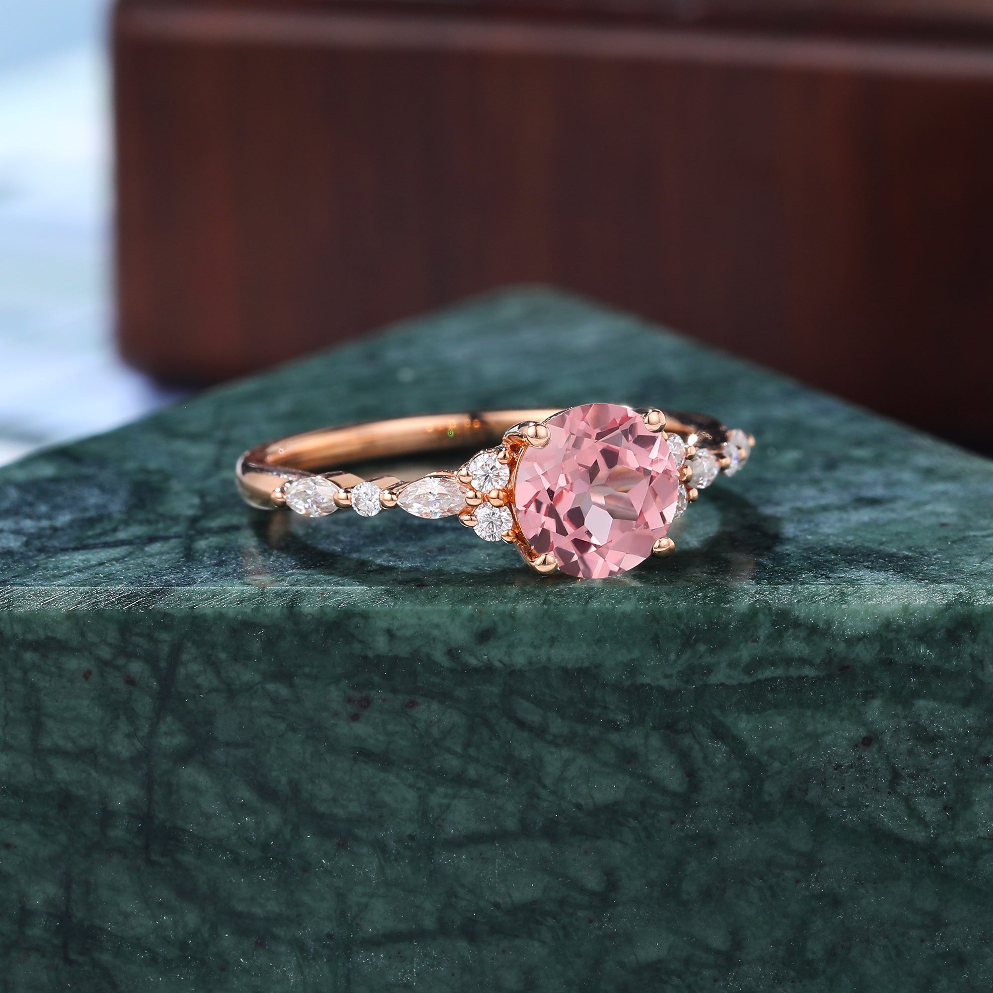 Round cut Lab Pink Sapphire engagement ring 925silver/10k/14k/18k gold , unique moissanite bridal ring rose/white/yellow gold
