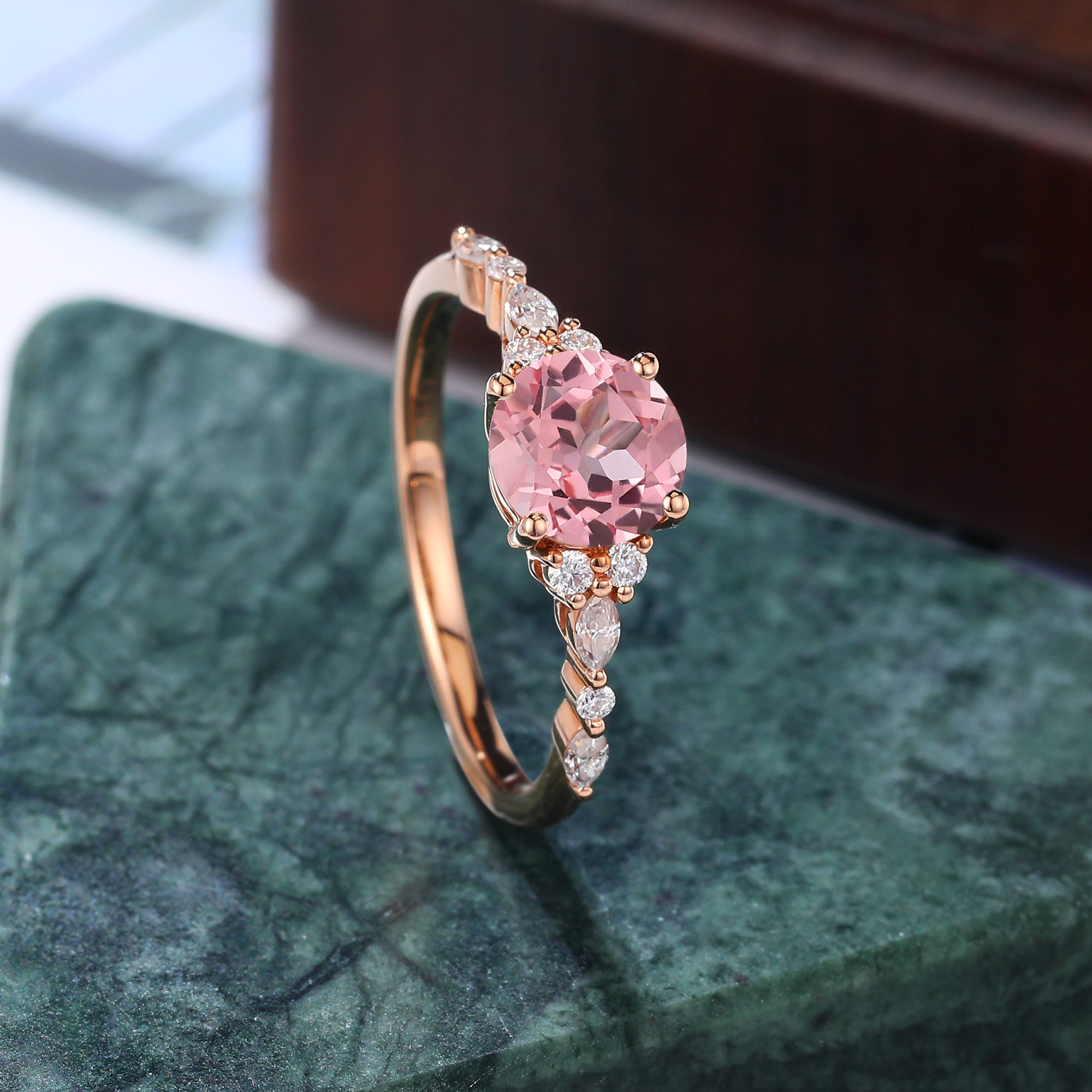 Round cut Lab Pink Sapphire engagement ring 925silver/10k/14k/18k gold , unique moissanite bridal ring rose/white/yellow gold