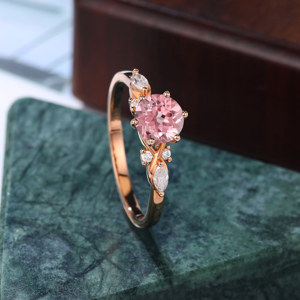 Round cut Lab Pink Sapphire engagement ring 925silver/10k/14k/18k gold , unique moissanite bridal ring rose/white/yellow gold