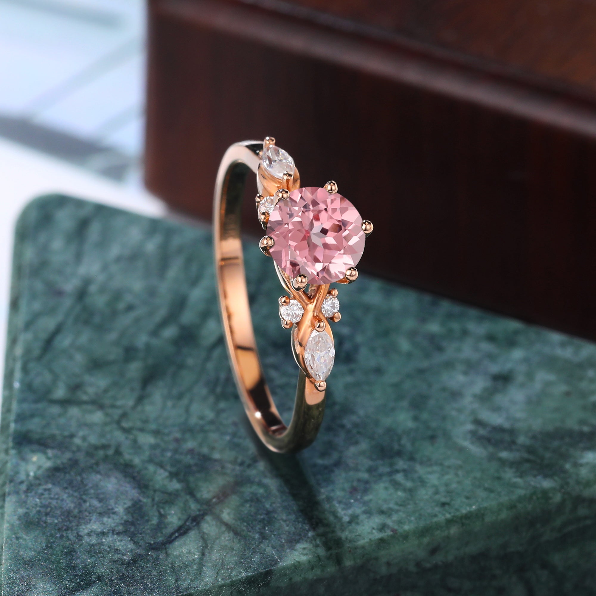 Round cut Lab Pink Sapphire engagement ring 925silver/10k/14k/18k gold , unique moissanite bridal ring rose/white/yellow gold