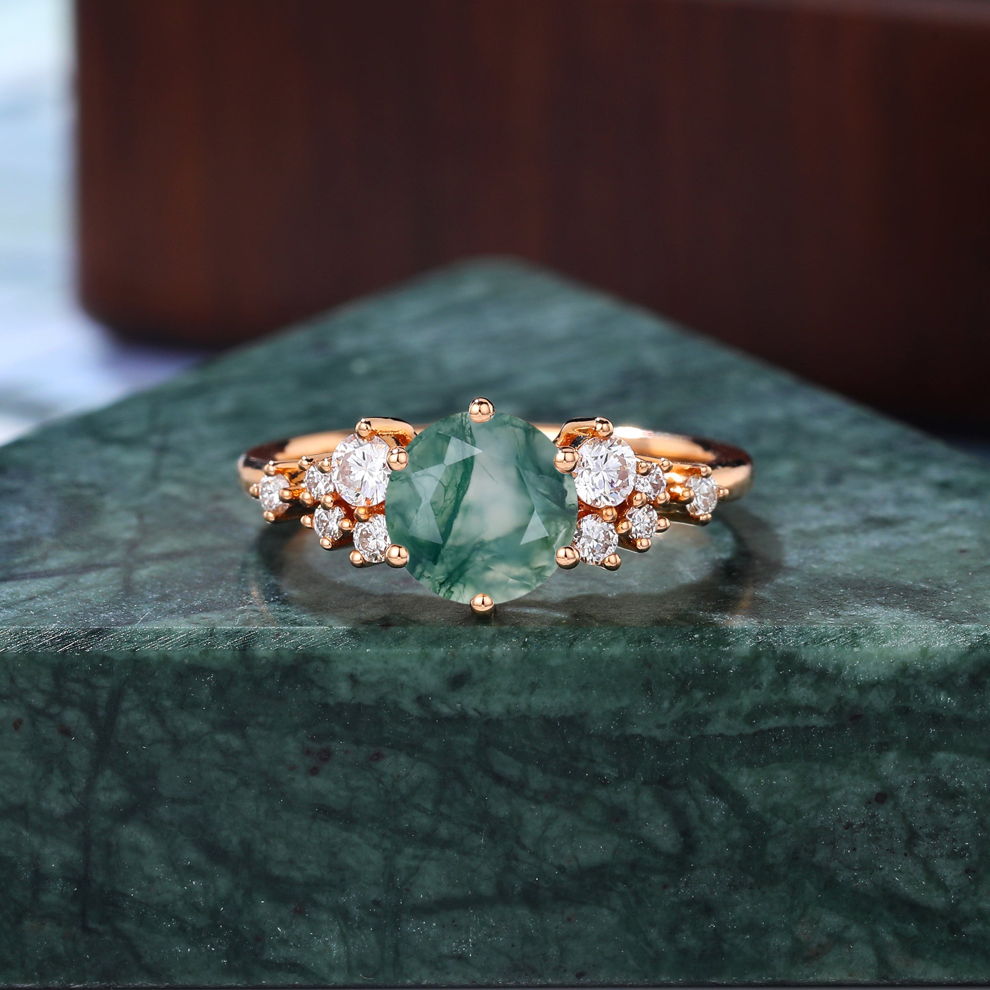 Round Moss agate engagement ring S925/10k/14k/18k gold ring, unique moissanite ring rose/white gold ring