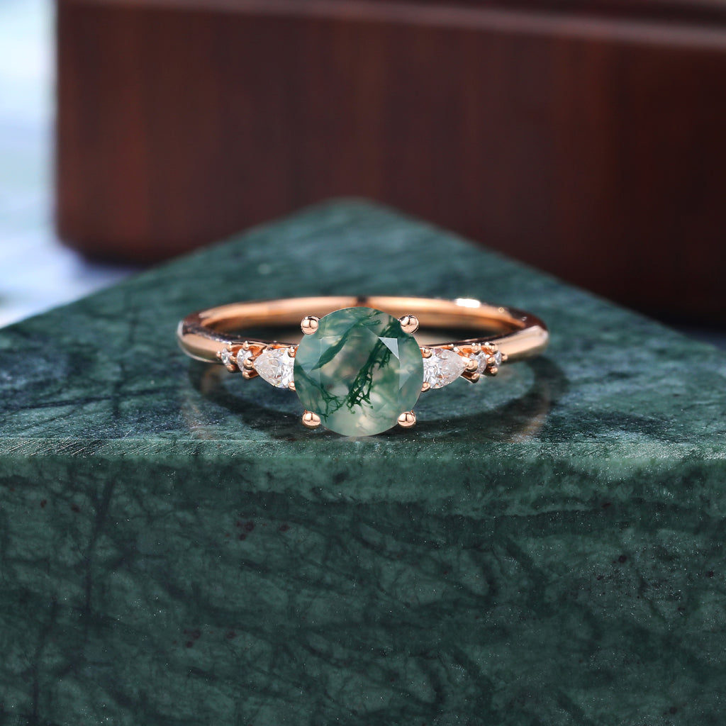 Round cut Moss agate rose gold engagement ring S925/10k/14k/18k gold