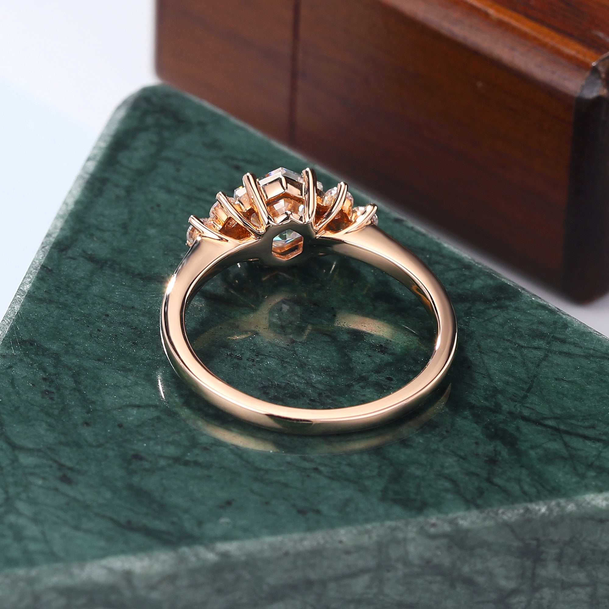 Hexagon cut moissanite rose gold engagement Ring.