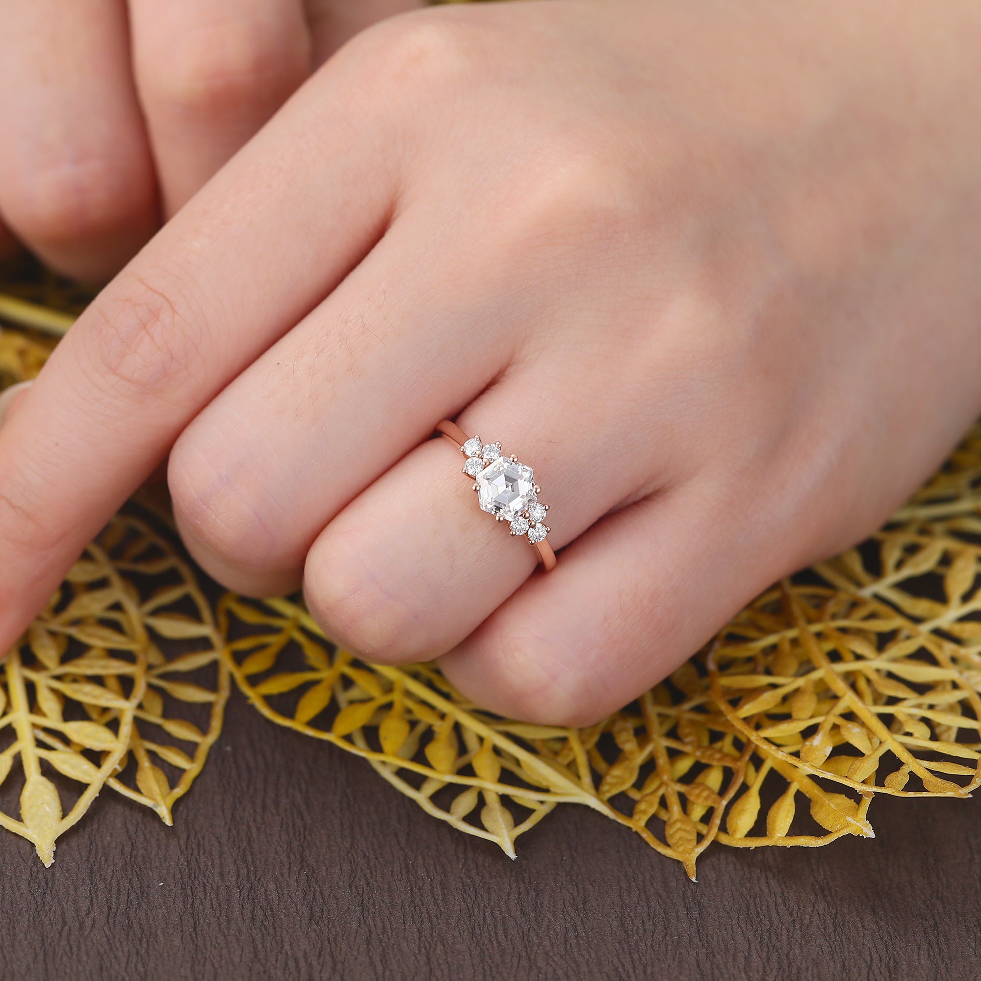 Hexagon cut moissanite rose gold engagement Ring.