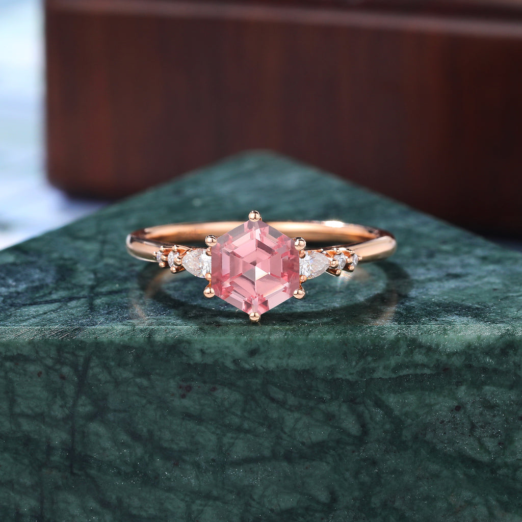 Hexagon cut Lab Pink Sapphire engagement ring , unique moissanite bridal ring rose/white/yellow gold ring. S925/10k/14k/18k gold