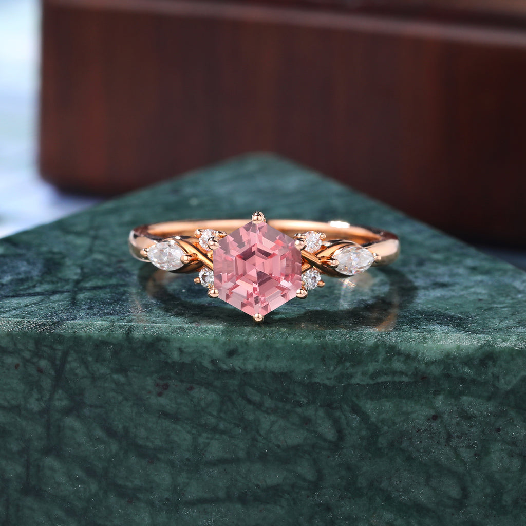 Hexagon cut Lab Pink Sapphire engagement ring 925silver/10k/14k/18k , rose/white/yellow gold ring