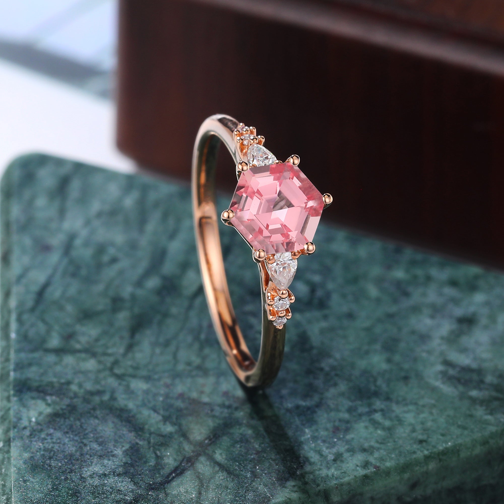 Hexagon cut Lab Pink Sapphire engagement ring , unique moissanite bridal ring rose/white/yellow gold ring. S925/10k/14k/18k gold