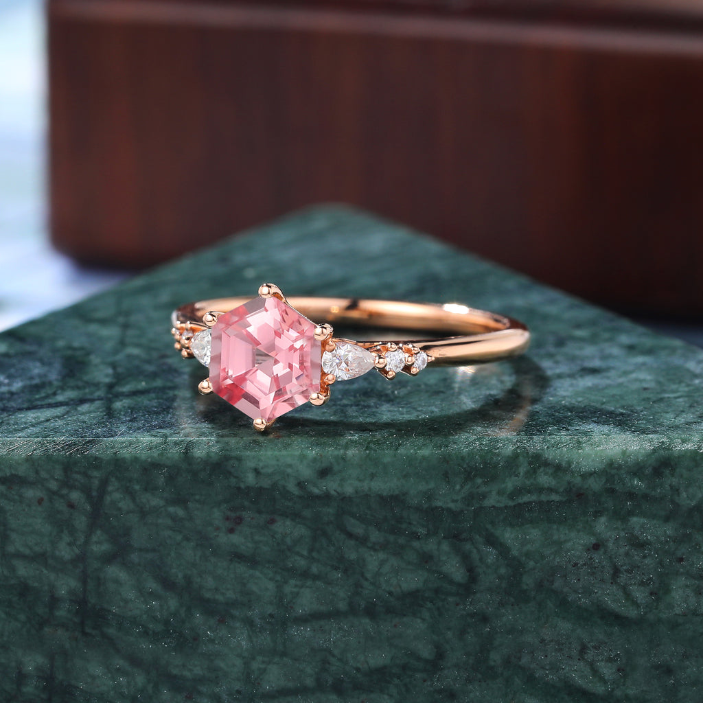 Hexagon cut Lab Pink Sapphire engagement ring , unique moissanite bridal ring rose/white/yellow gold ring. S925/10k/14k/18k gold