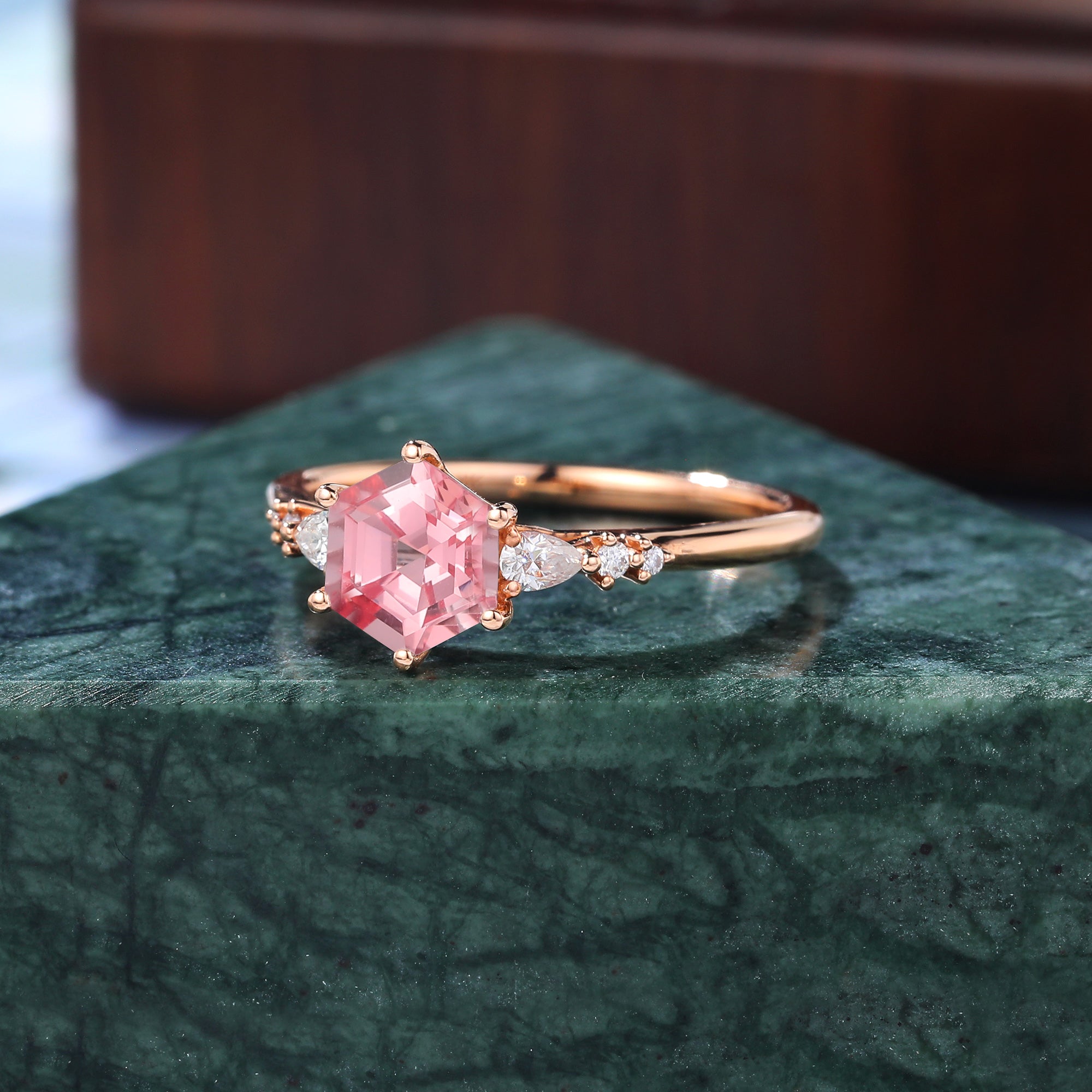 Hexagon cut Lab Pink Sapphire engagement ring , unique moissanite bridal ring rose/white/yellow gold ring. S925/10k/14k/18k gold