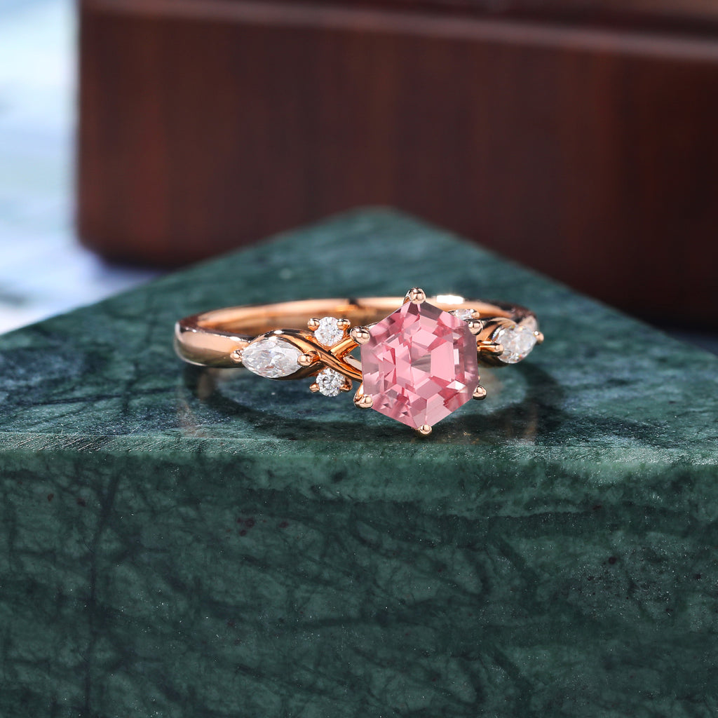 Hexagon cut Lab Pink Sapphire engagement ring 925silver/10k/14k/18k , rose/white/yellow gold ring