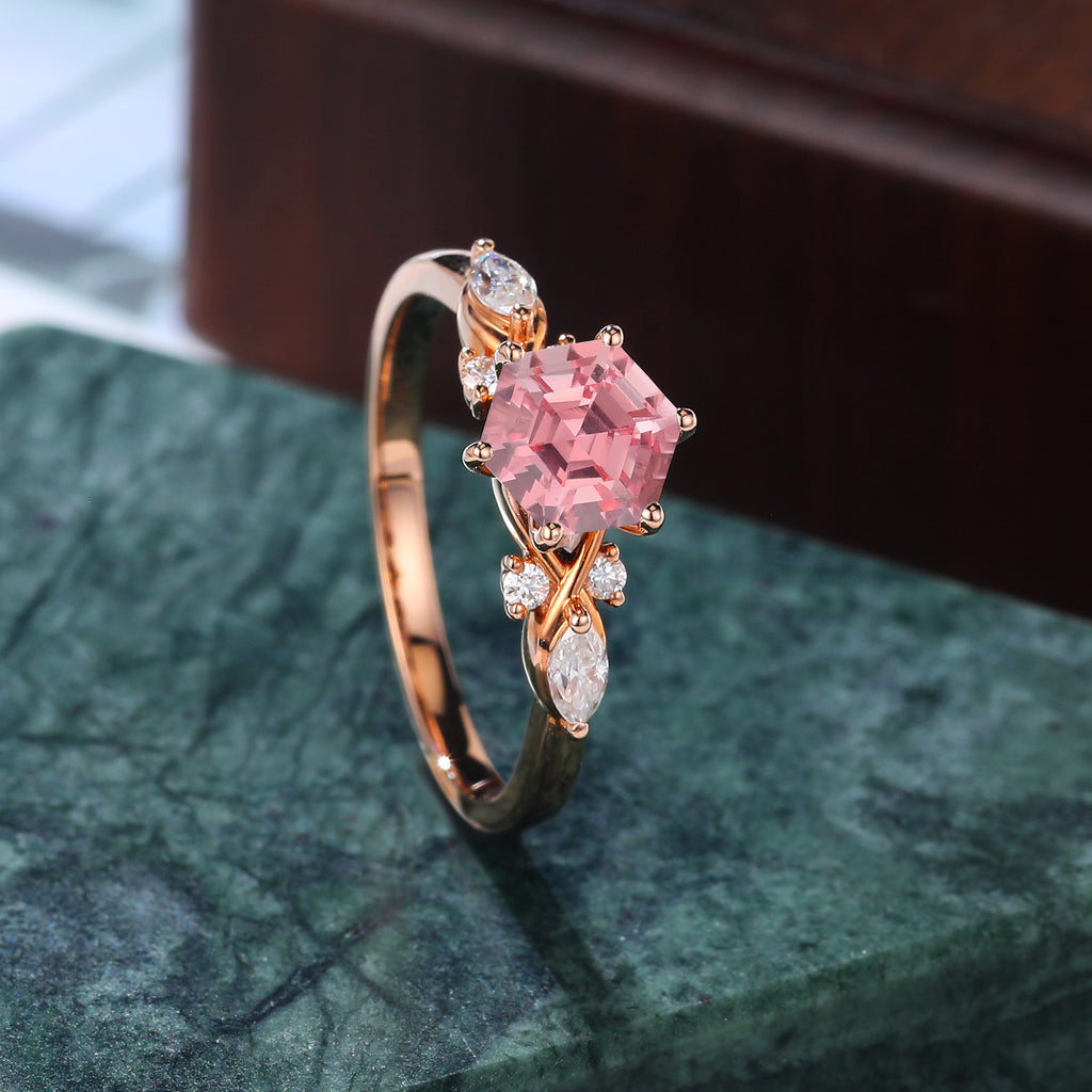 Hexagon cut Lab Pink Sapphire engagement ring 925silver/10k/14k/18k , rose/white/yellow gold ring